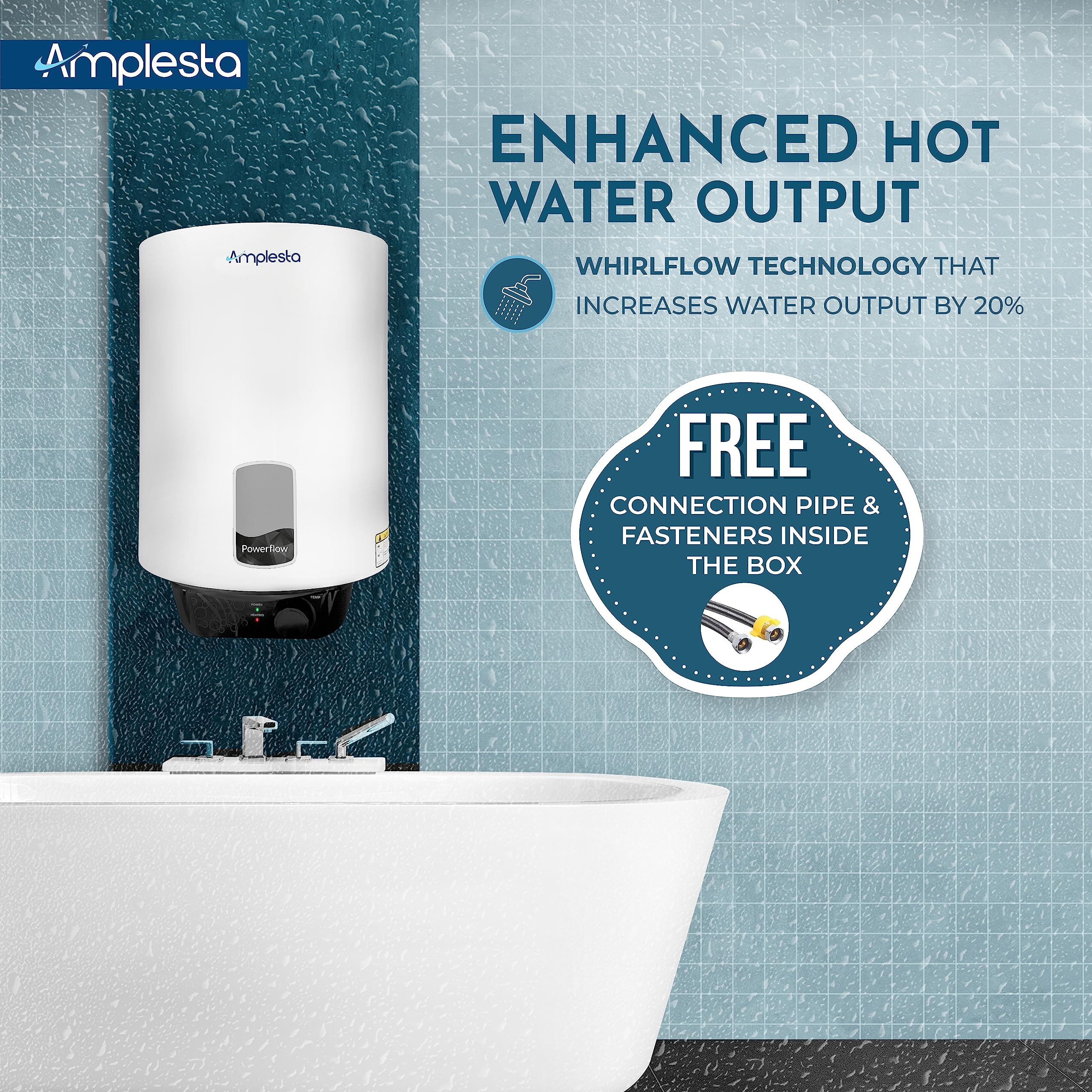 Buy Amplesta PowerFlow 10L Vertical Storage Water Heater (5 Star BEE) Geyser|  Free Connection pipes |8 Bar pressure and wall mounting |Advanced safety |  2 Years Warranty. (10L) Online at Low Prices