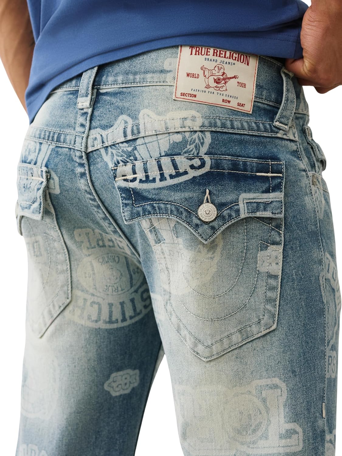 True Religion Men’s AOP Ricky SN Flap Jeans – 34" Inseam, Flap Pockets, Contrast Stitching, Premium Denim
