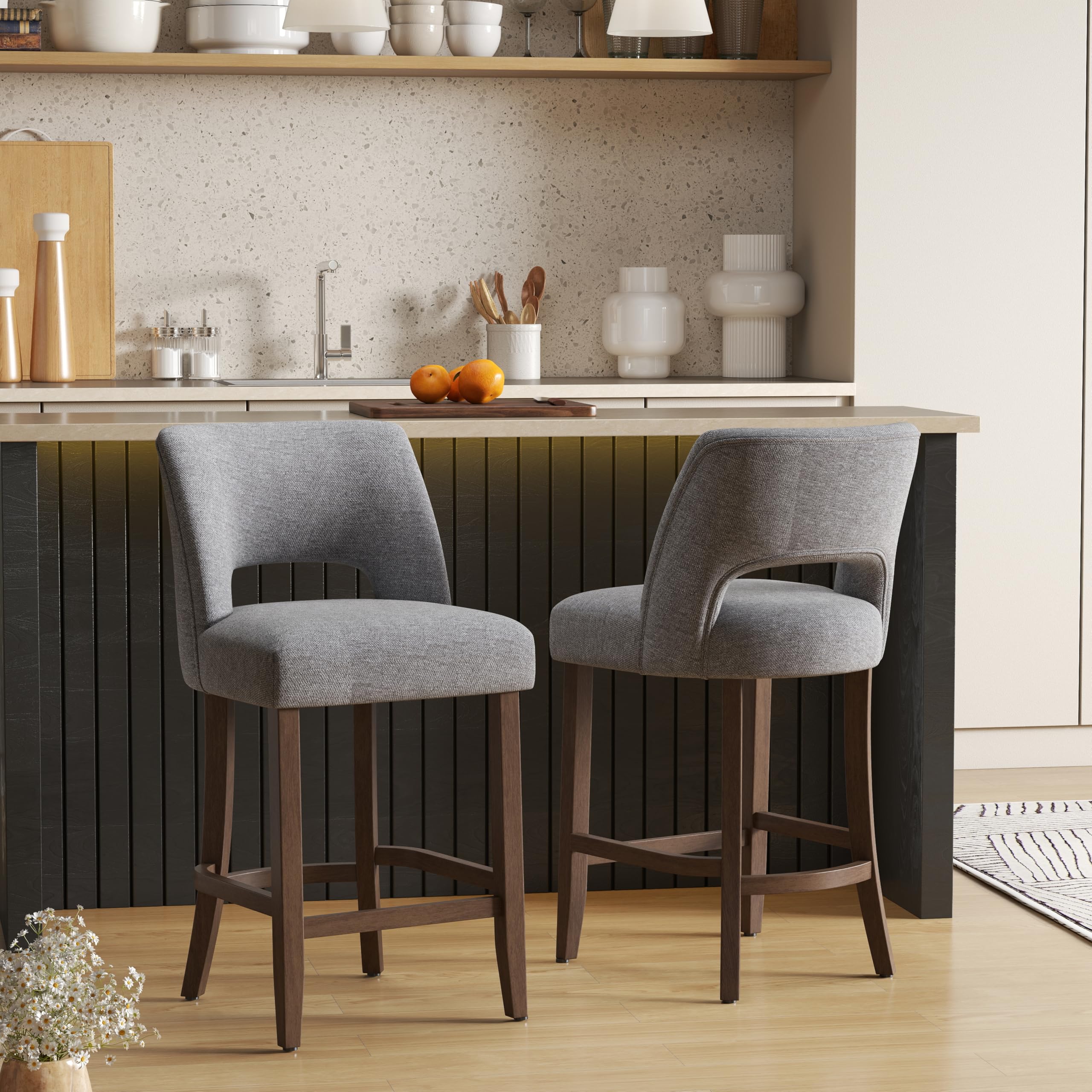 VKNOW Bar Stool Set of 2, 26" Fabric Counter Height Bar Stools, Fabric Grey