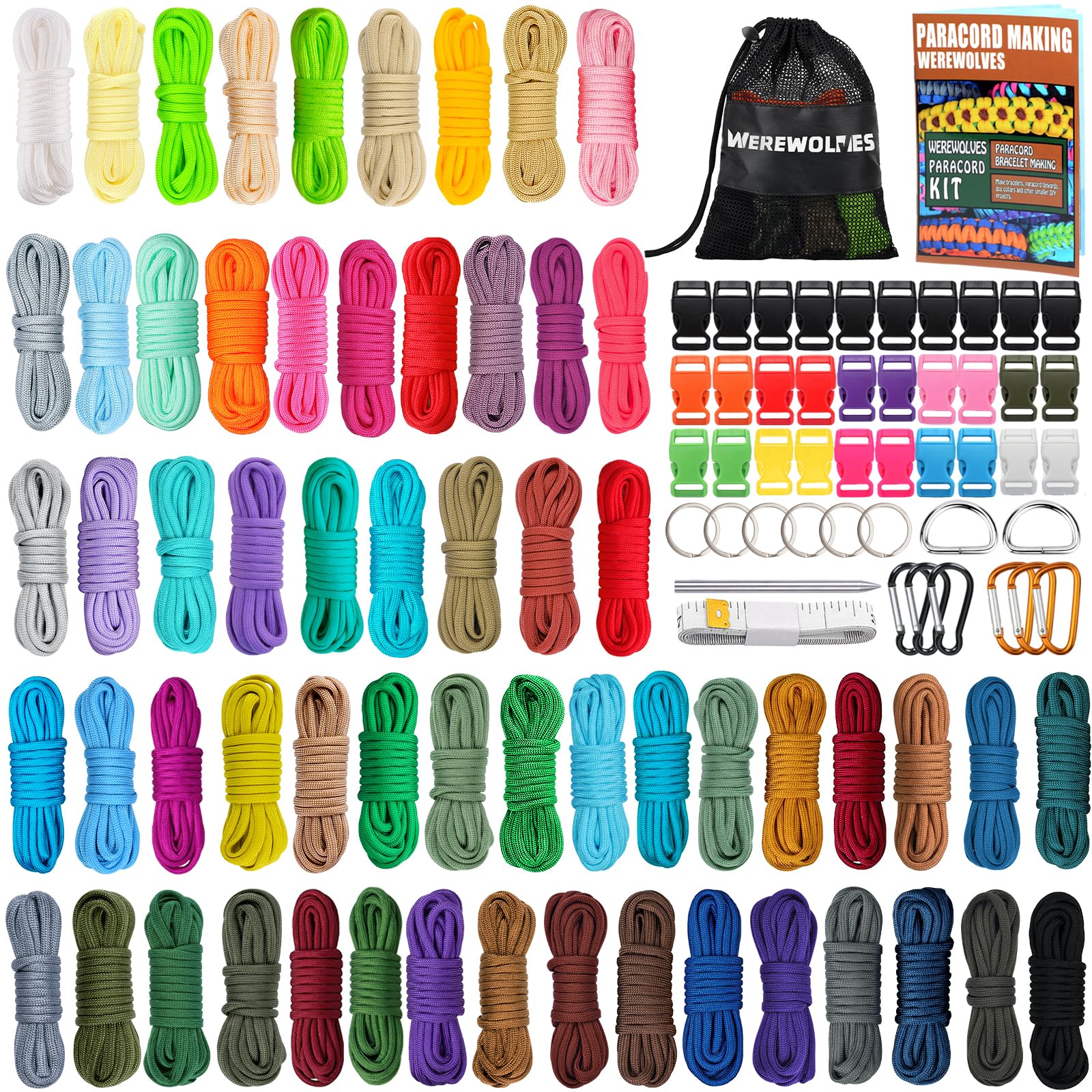 WEREWOLVES Kit de bricolage en paracorde 550 avec instructions (français non garanti) - 60 couleurs - Cordes multifonctions de 3 m et accessoires complets pour la fabrication de bracelets en