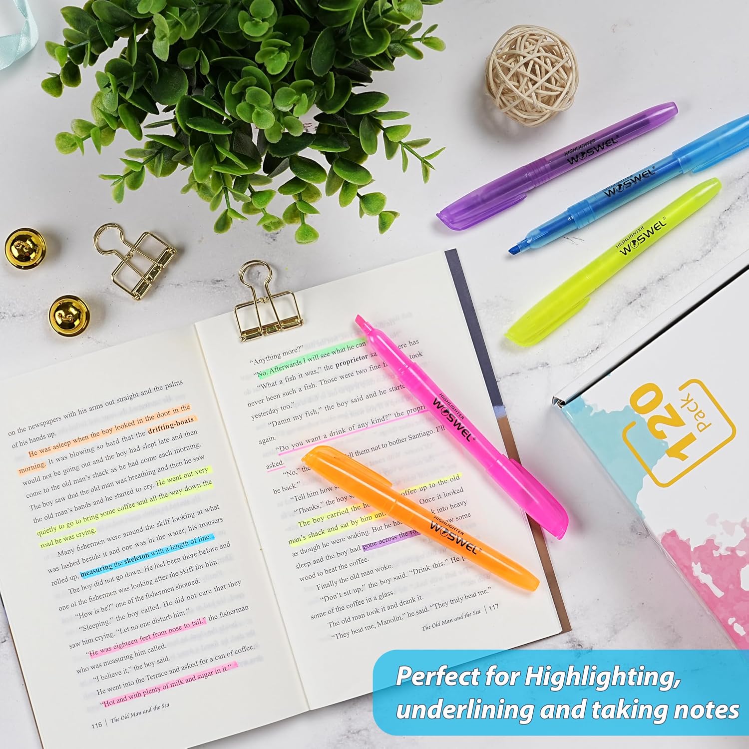 WOSWEL Highlighters Bulk, 120 Pack 6 Assorted Colors No Bleed Chisel Tip Highlighter Markers, Teachers Must Have, Office Supplies