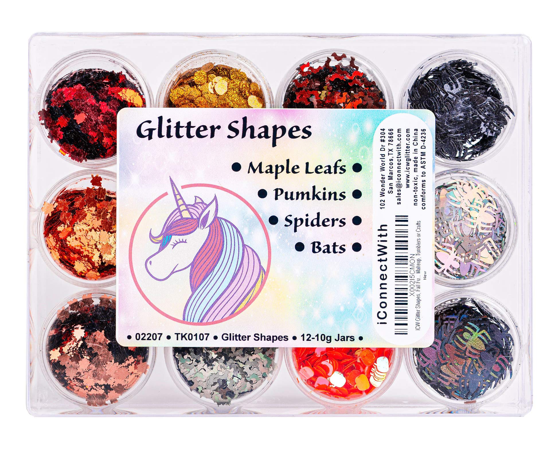 iConnectWith Glitter – Fall Shapes – Maple Leaf, Pumpkin, Spider, Bat Glitter; Multi-use for Crafts, Decorations, Nail Art, Makeup, Tumblers, Resin Art, and DIY Projects