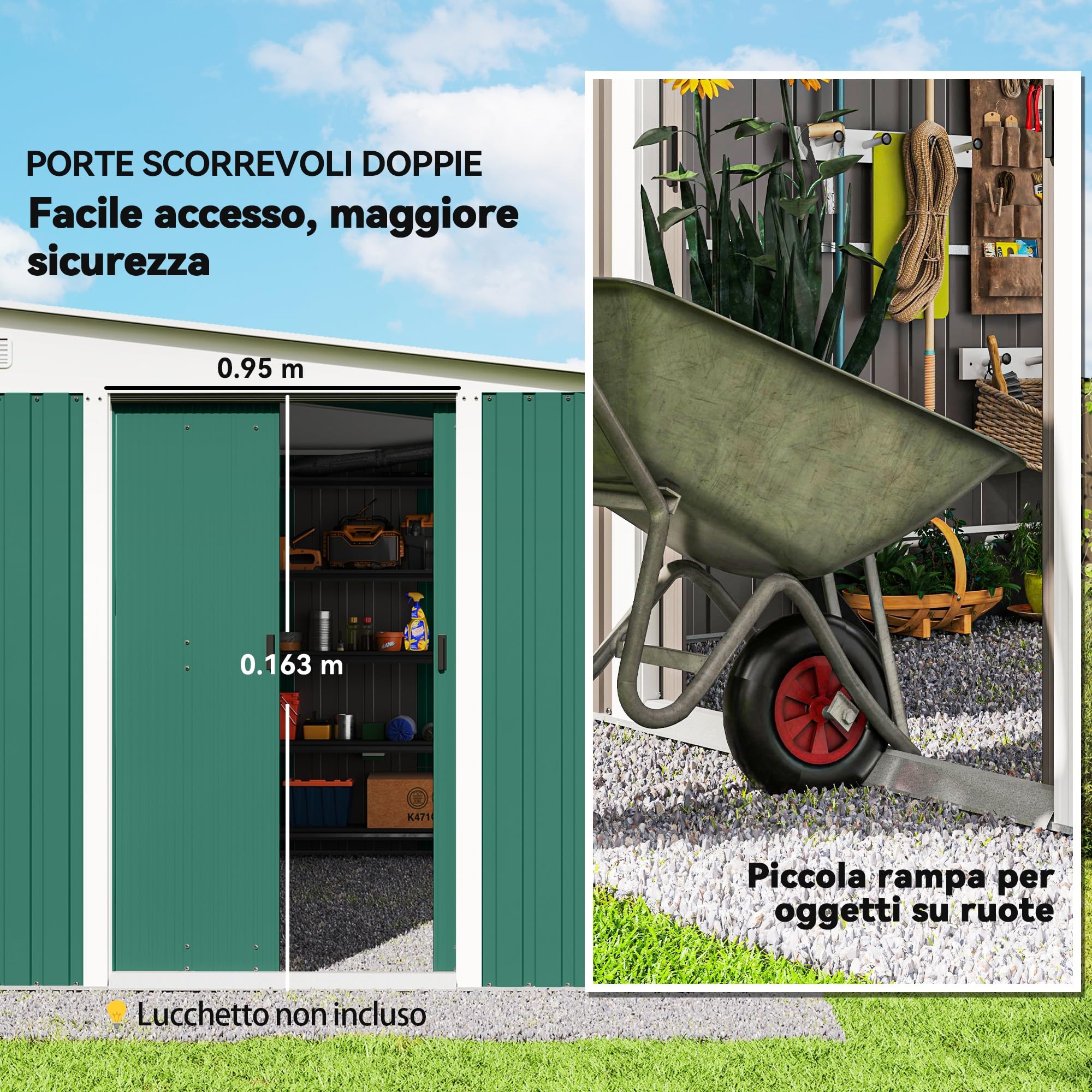 Outsunny Casetta da Giardino 8.9m² in Acciaio Zincato con 2 Prese d'Aria, Capanno Porta Attrezzi con Tetto Inclinato, Doppie Porte Scorrevoli Bloccabili e Guanti, 280x345x169/201cm, Verde