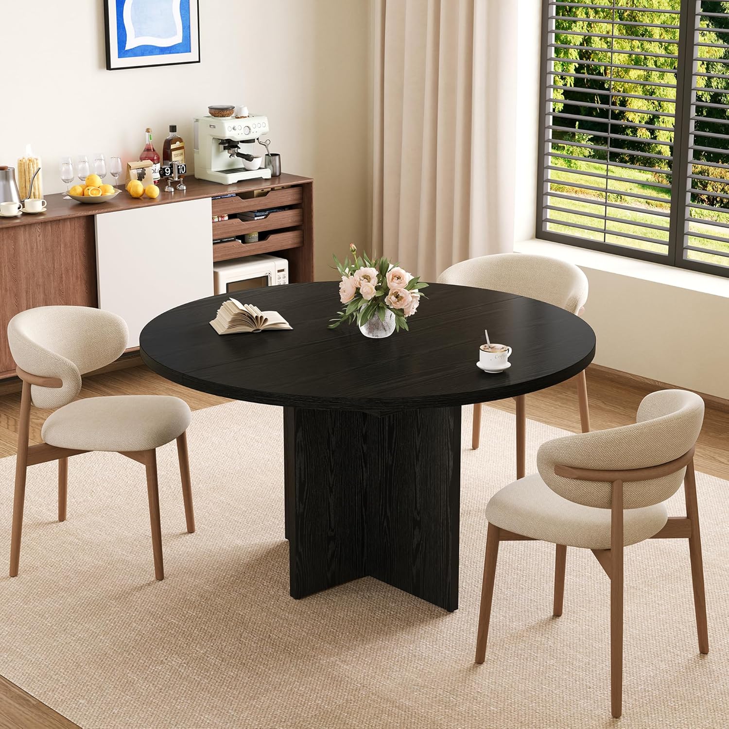 Garvee 43.3''-59'' Extendable Round Dining Table for 4-8, Modern Kitchen Oval Dining Table with Removable Leaves, Dinner Table for Dining Room, Kitchen, Living Room, Black