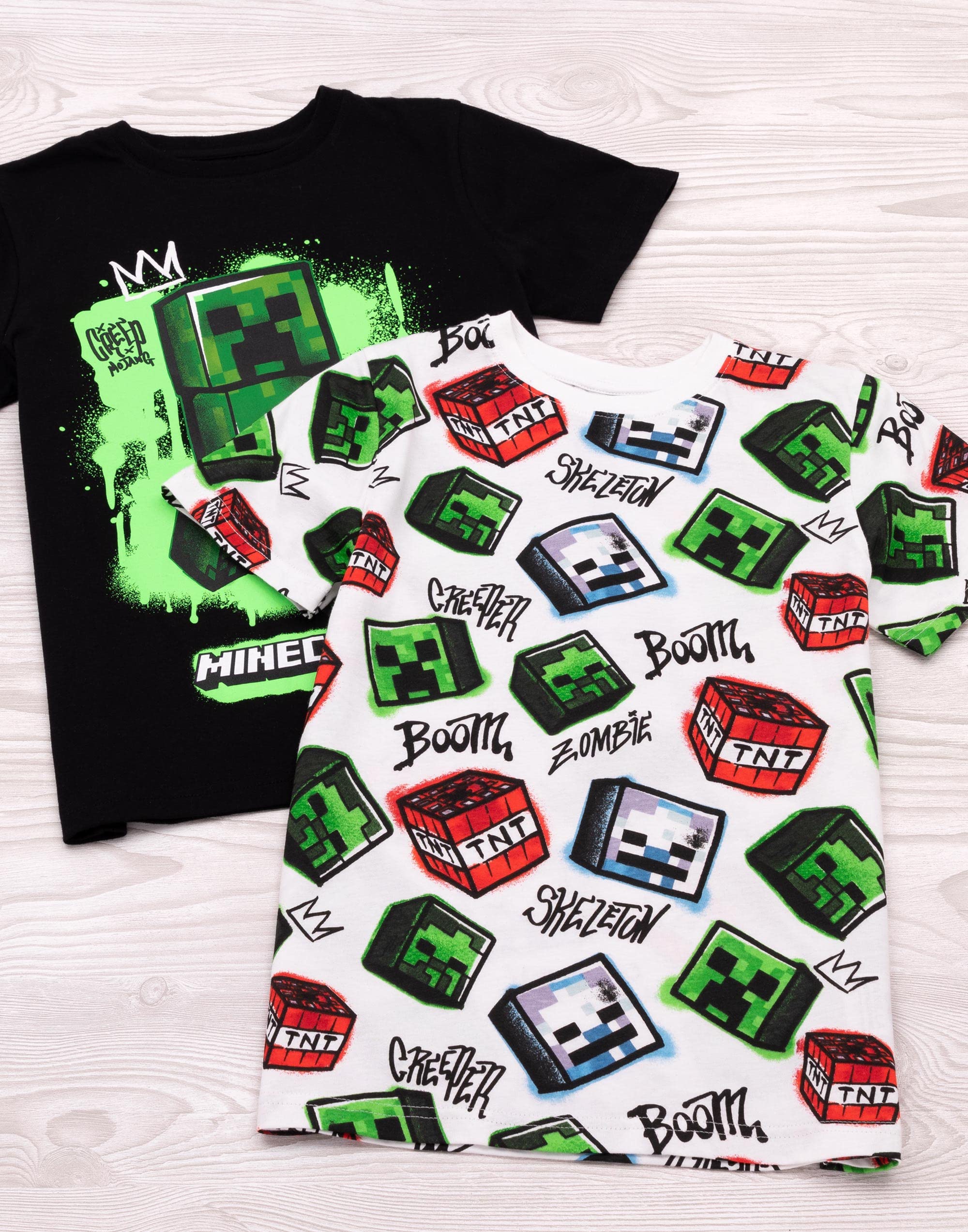 Minecraft T-Shirt 2 Pack Enfants | Garçons Filles Squelette Boom Creeper Personnages Personnages Noir Et Blanc Top | Vêtements à Manches Courtes