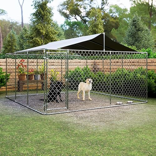 IchbinGo Perrera grande para perros al aire libre, jaula resistente de acero galvanizado para perros con cubierta impermeable resistente a los rayos