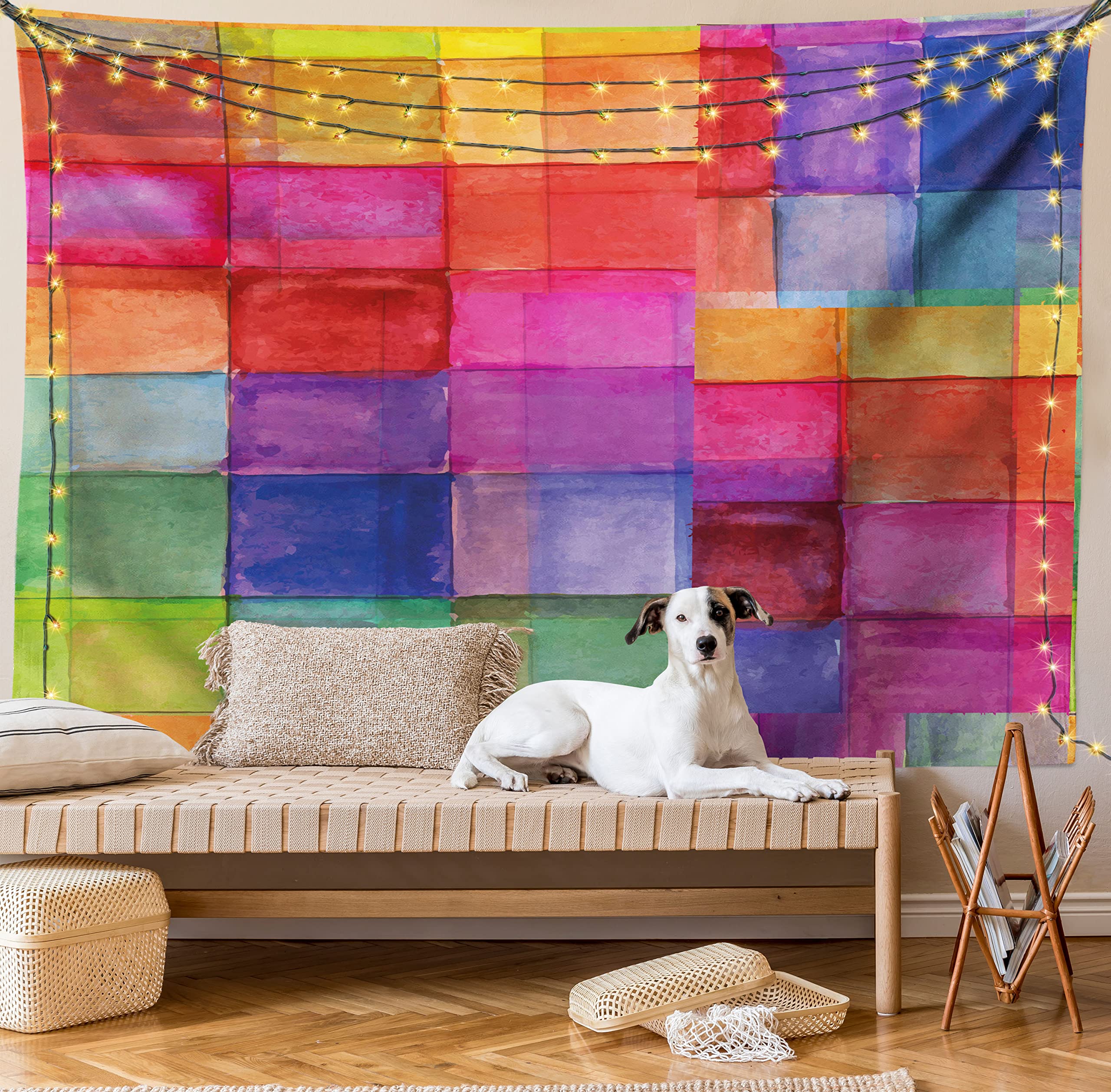 Ambesonne Abstract Tapestry King Size, Rainbow Colored Geometric Square Shaped Blurry Effects Watercolor Design, Wall Hanging Bedspread Bed Cover Wall Decor, King Size, Multicolor Magenta