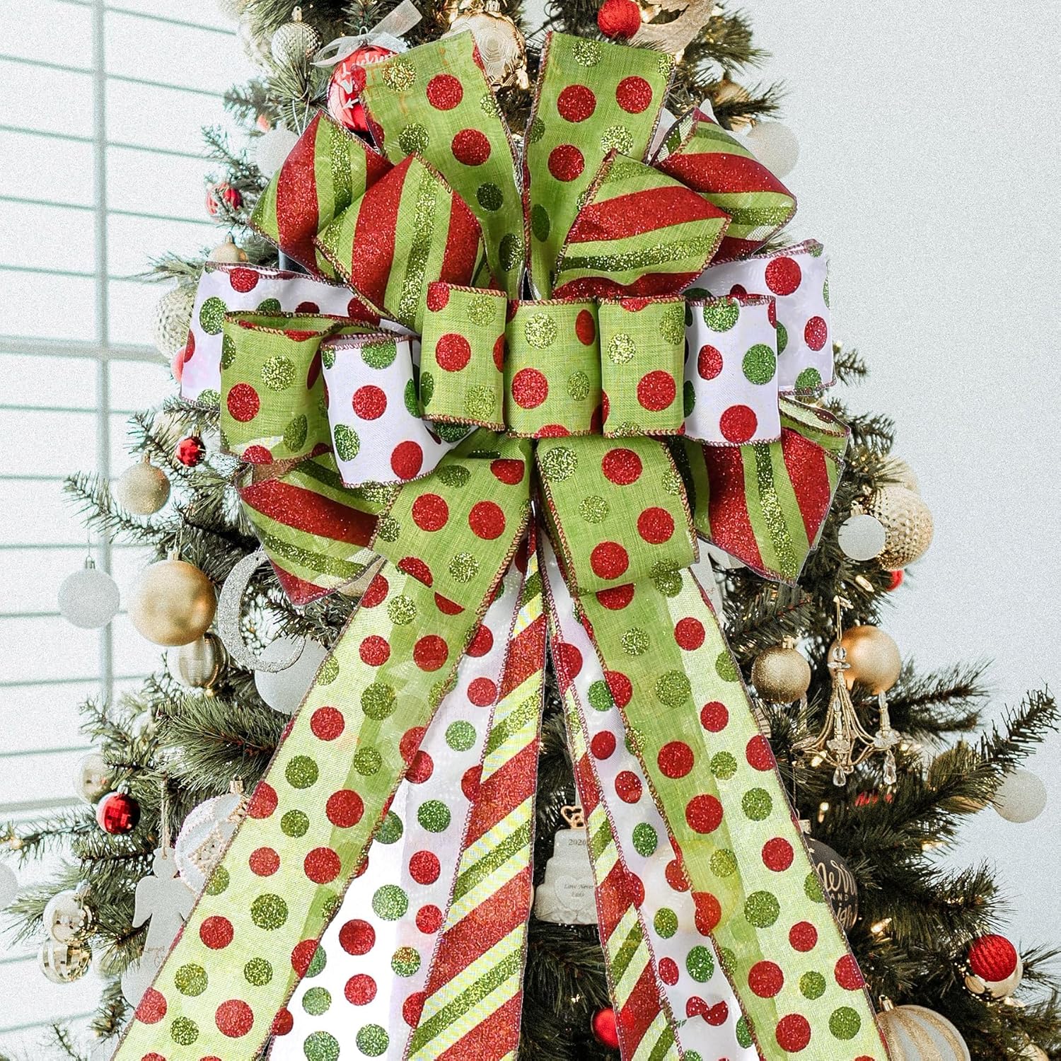 Christmas Tree Topper Wreath Bow Large Green Christmas Bow Tree Topper, Red Green Dot Polyester Gift Bows for Xmas Ornament Holiday Home Thanksgiving Indoor/Outdoor Decoration 45"x13" - Image 4