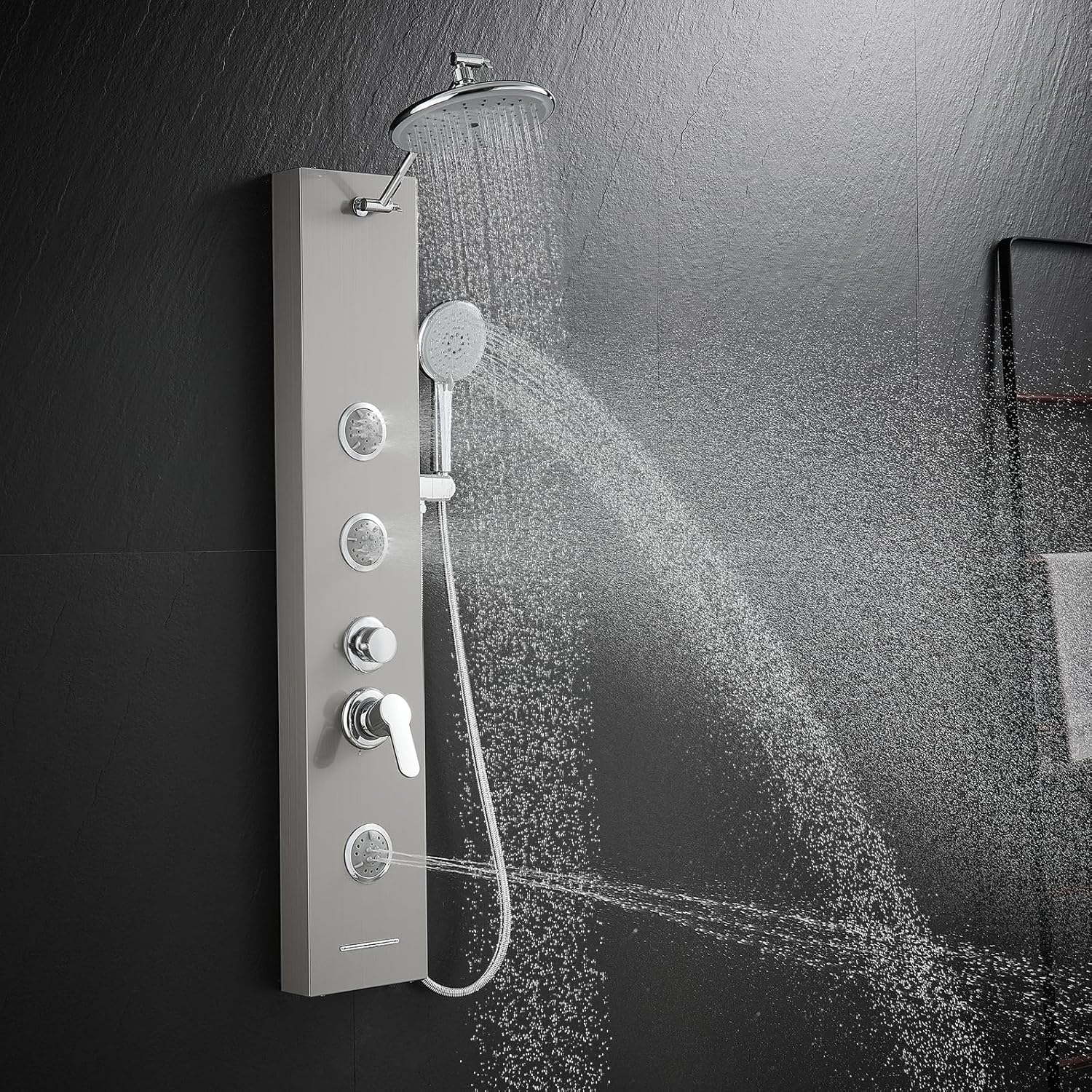 ROVATE Shower Panel Tower System with Adjustable Rainfall Shower(Self-cleaning), Shower Tower with 2-Setting Powerful Body Jets and 5-Function Handheld Shower, Shower Column Stainless Steel Wall Mount 2 Modes Body Jets Brushed Surface