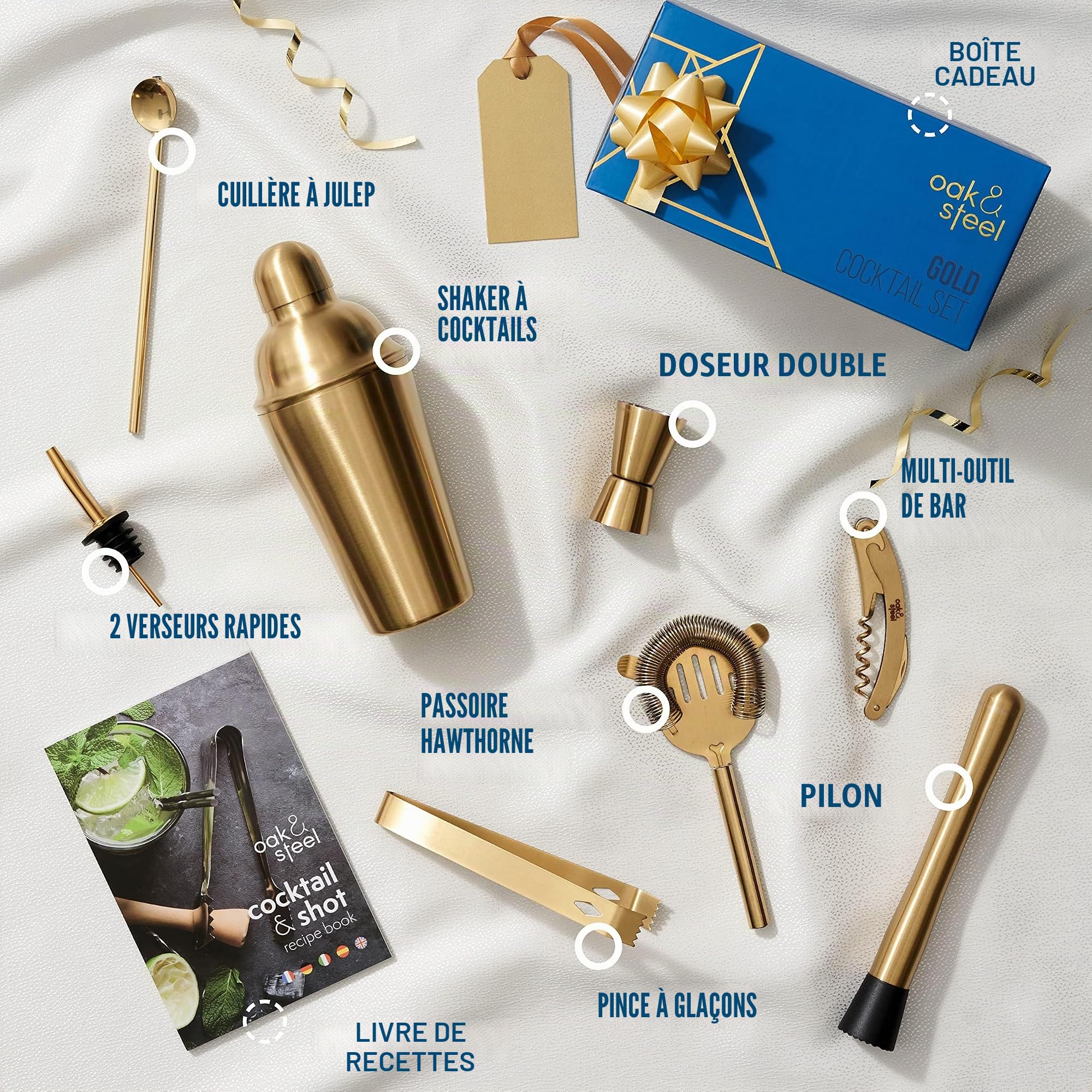 Oak & Steel - 10 Pièces Ensemble-Cadeau Shaker à Cocktail Professionnel en Acier Inoxydable, Doré - Kit Barman Complet avec Livre de Recettes Cocktail & Shot