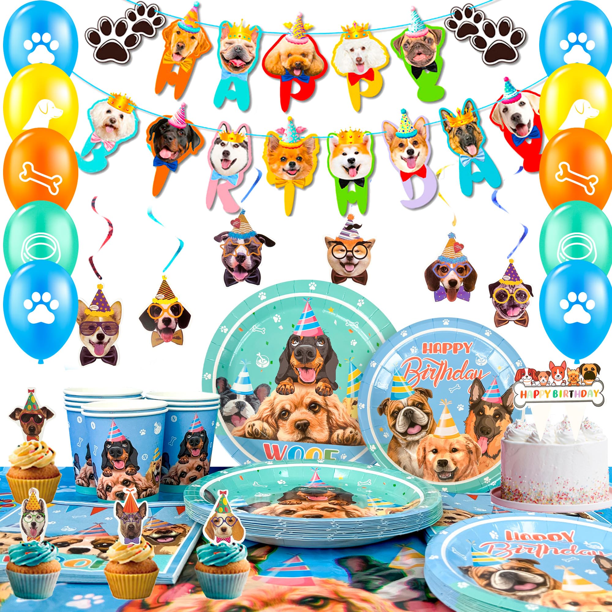 Huxolynifty Puppy Dog Party Supplies,159pcs Dog Birthday Decorations&Tableware Set-Puppy Paper Plates Cups Napkins Tablecloth and Dog Birthday Banner Balloons ect Dog Party Decorations