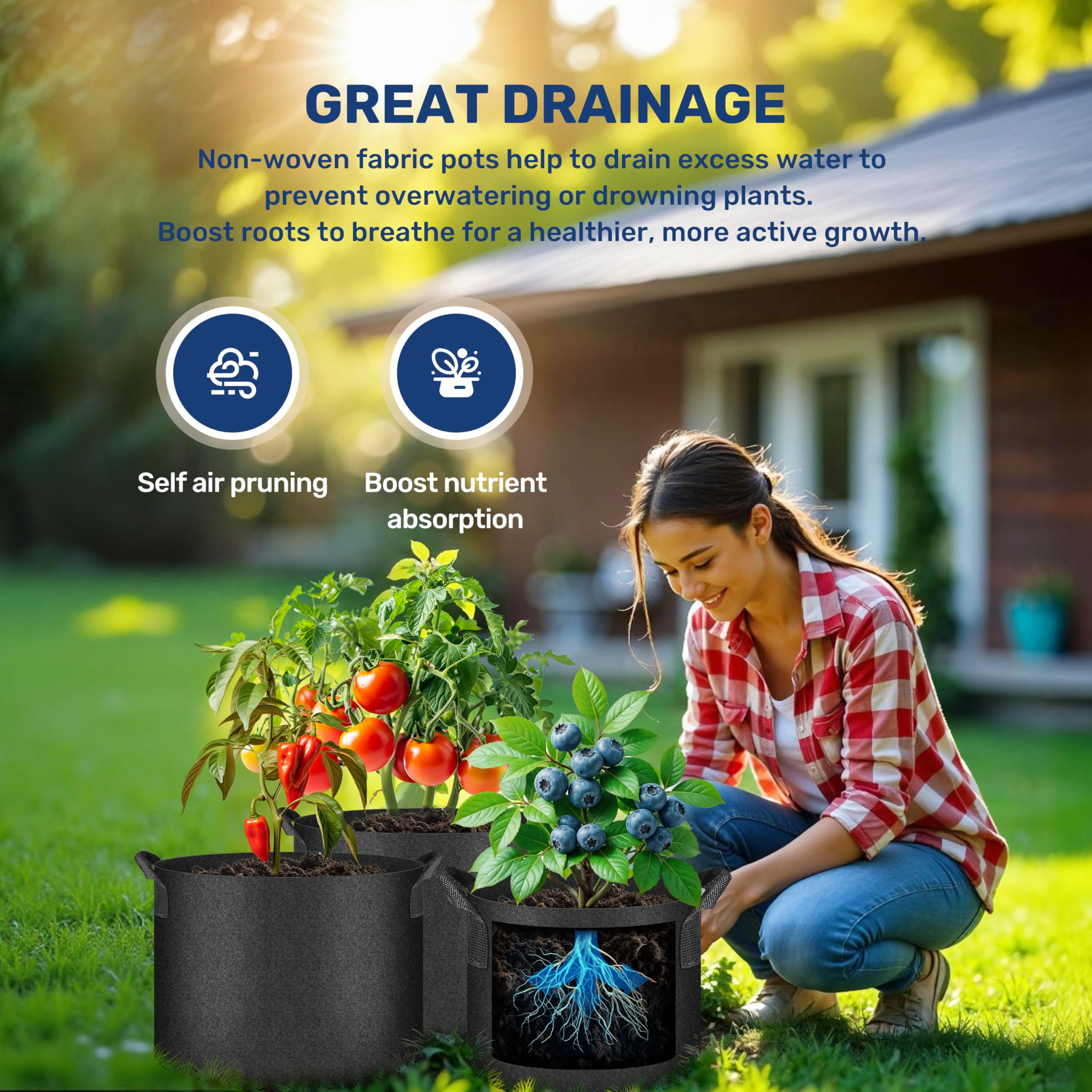 Simple Deluxe Con Asas, Bolsa no Tejida Gruesa Resistente con 6 Etiquetas para Plantas, 15 galones, 12 Unidades