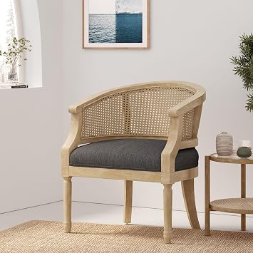 French Country Accent Chair for Living Room, Mid Century Modern Reading Armchair with Cushion and Slender Turned Legs, Single Sofa Chair with Rattan Backrest for Bedroom, Club, Charcoal