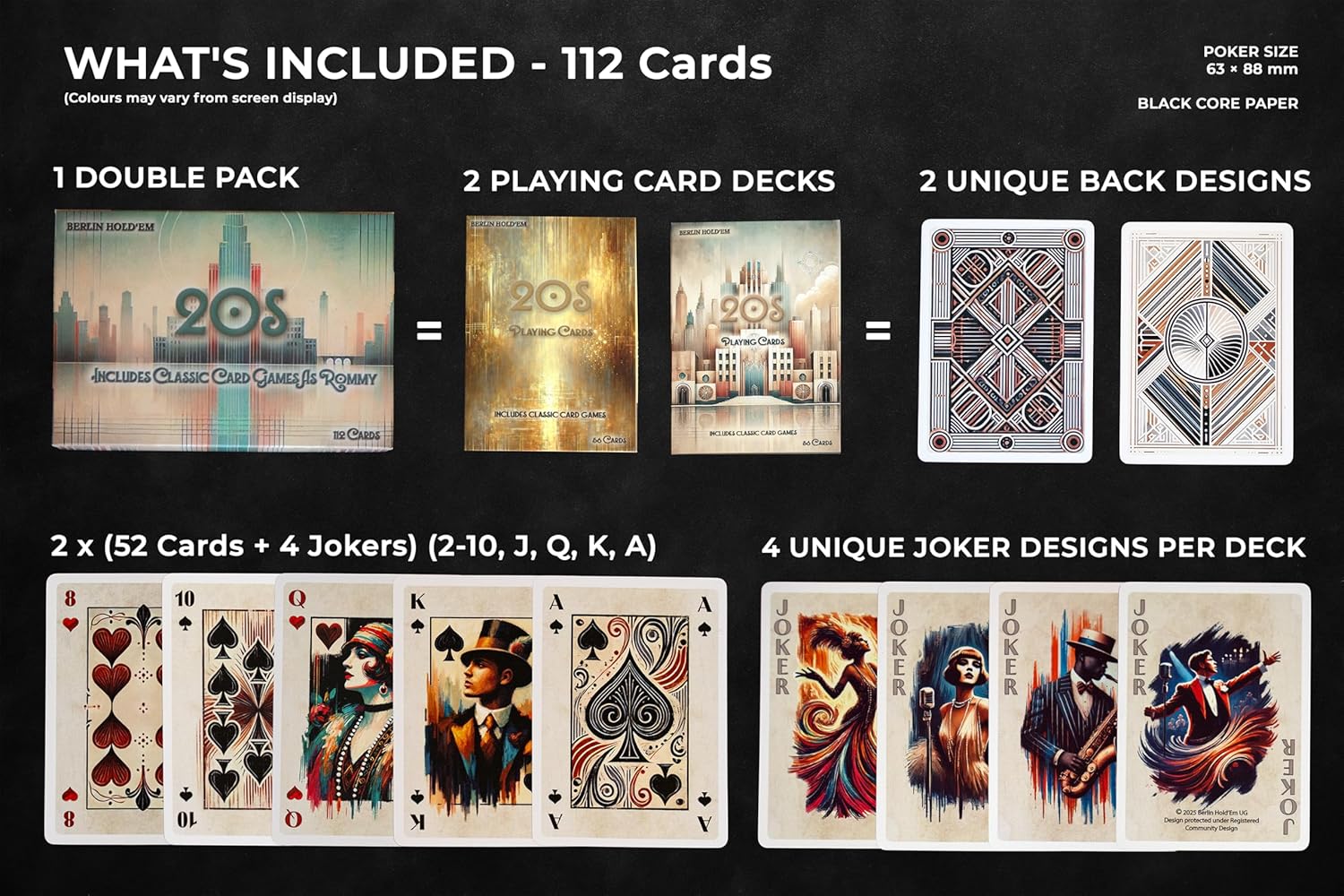 Berlin Hold'Em Playing Cards - 20s Poker Cards Deck - 56 Cards (52 + 4 Jokers) - For Poker, Skat, Rummy etc. - Poker Size 63 × 88 mm (Single - Dark)