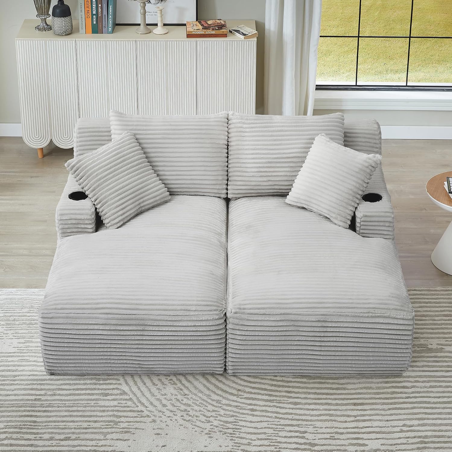 71" Oversized Double Chaise Lounge Chair Indoor, Upholstered Boneless Sofa Bed with Deep Seat, Cup Holder, Plush Corduroy Sleeper Couch Reading Chairs for Living Room Bedroom,No Assembly Required