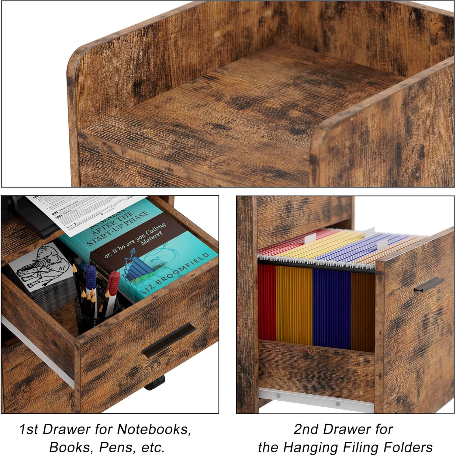 IRONCK Filing Cabinet 2 Drawers File Cabinet, Printer Stand on Wheels, Mobile Rolling Vertical File Cabinet for A4, Letter Size, Hanging File Folders, Industrial, Vintage Brown : Office Products