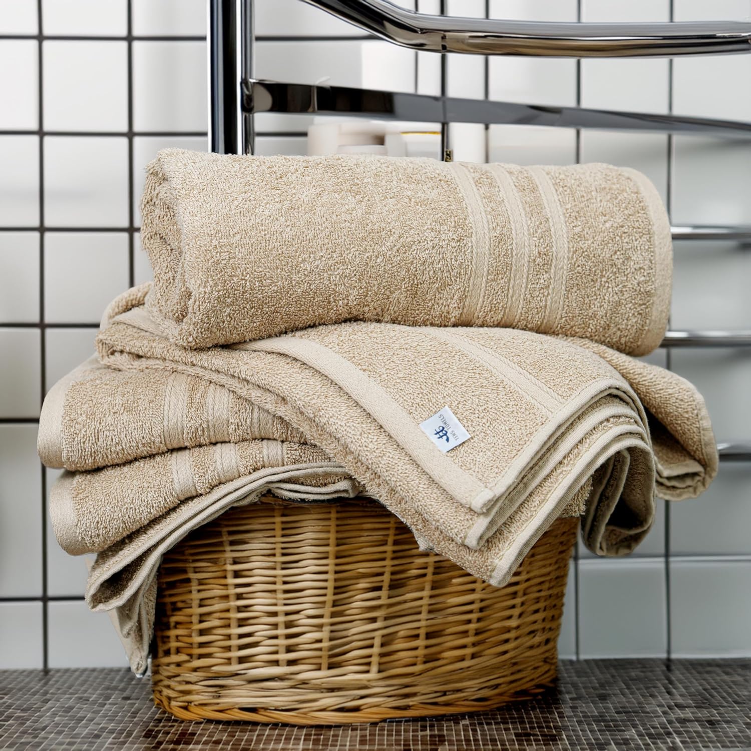 Tens Towels Pack of 4 Soft Bath Towels, 100% Cotton, 27 x 54 Inches, Lightweight & Quick-Dry, Ideal for Daily Bathroom Use, Practical & Comfortable, Beige