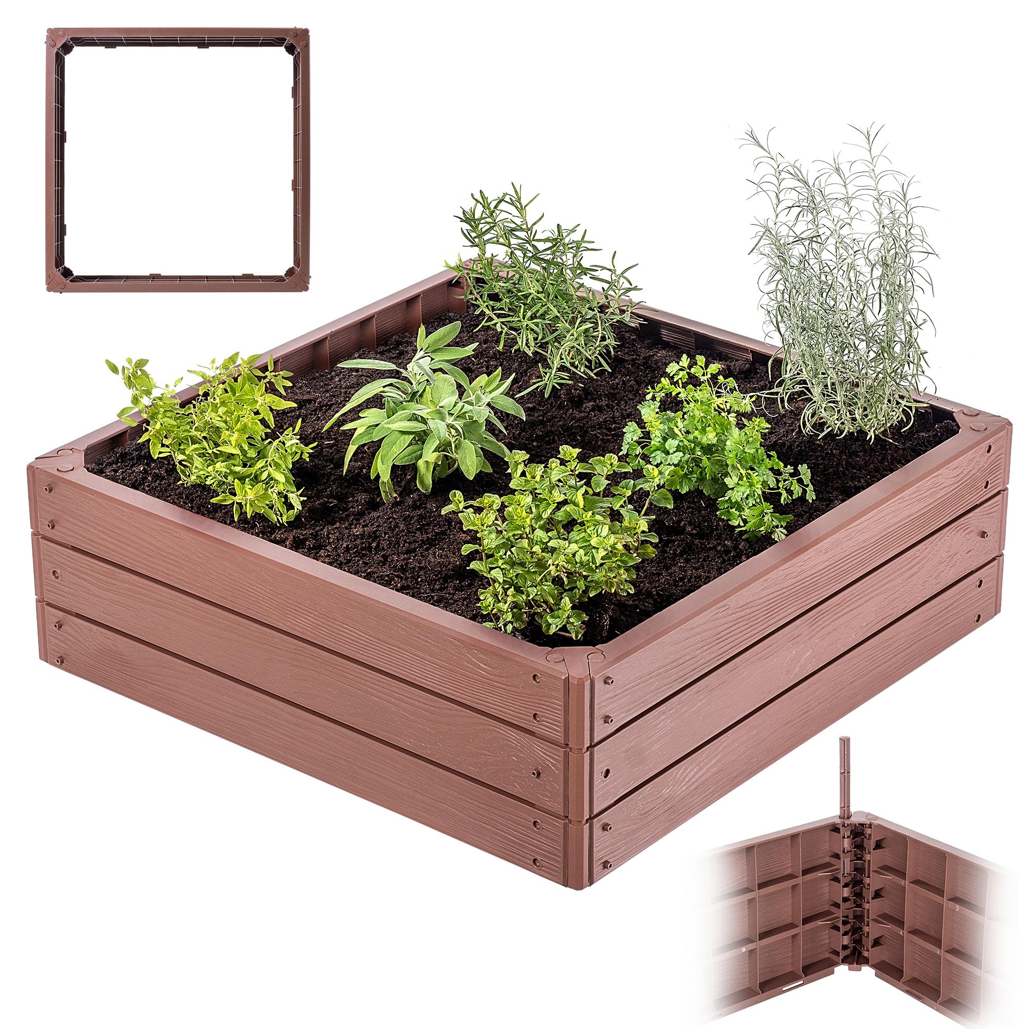 KADAX Cama de jardín, arriate elevado, para el cultivo de verduras, flores y hierbas, macizos de hierbas, huertos, marco de plástico (cuadrado marrón)
