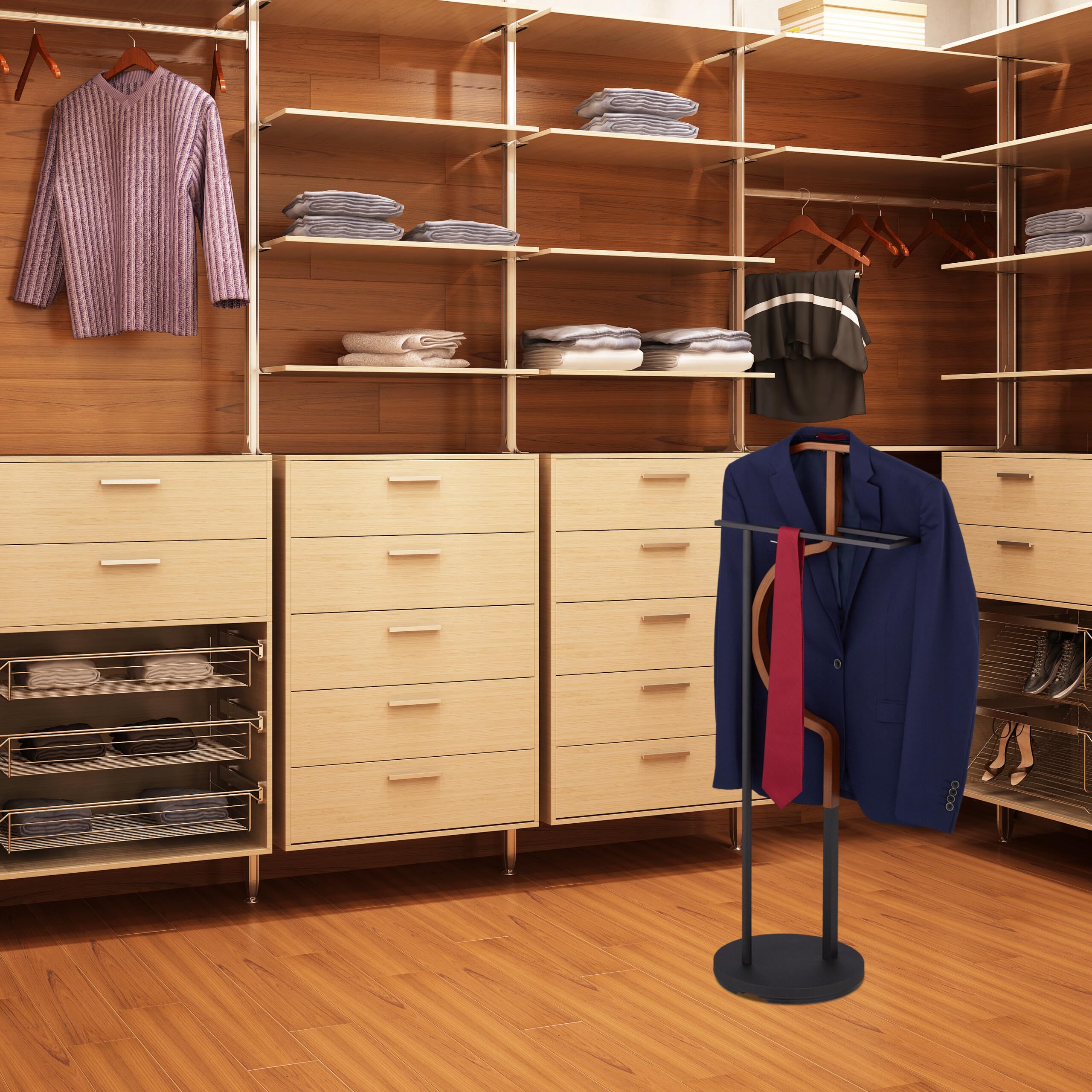 Relaxdays Valet de Chambre, pour Vestes et Pantalons, MDF et Acier, H x L x P : 108 x 45 x 30 cm, Noir et Marron
