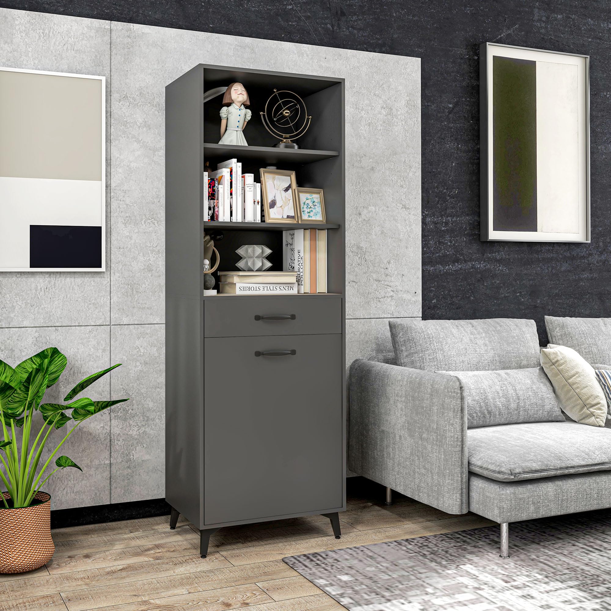 HOMCOM Buffet Cuisine Armoire Meuble de Rangement 180 cm Noir Bois Gris | pour Cuisine, Salon, Salle de Bain, Design Industriel, Piètement Métal, Meubles de Salle à Manger