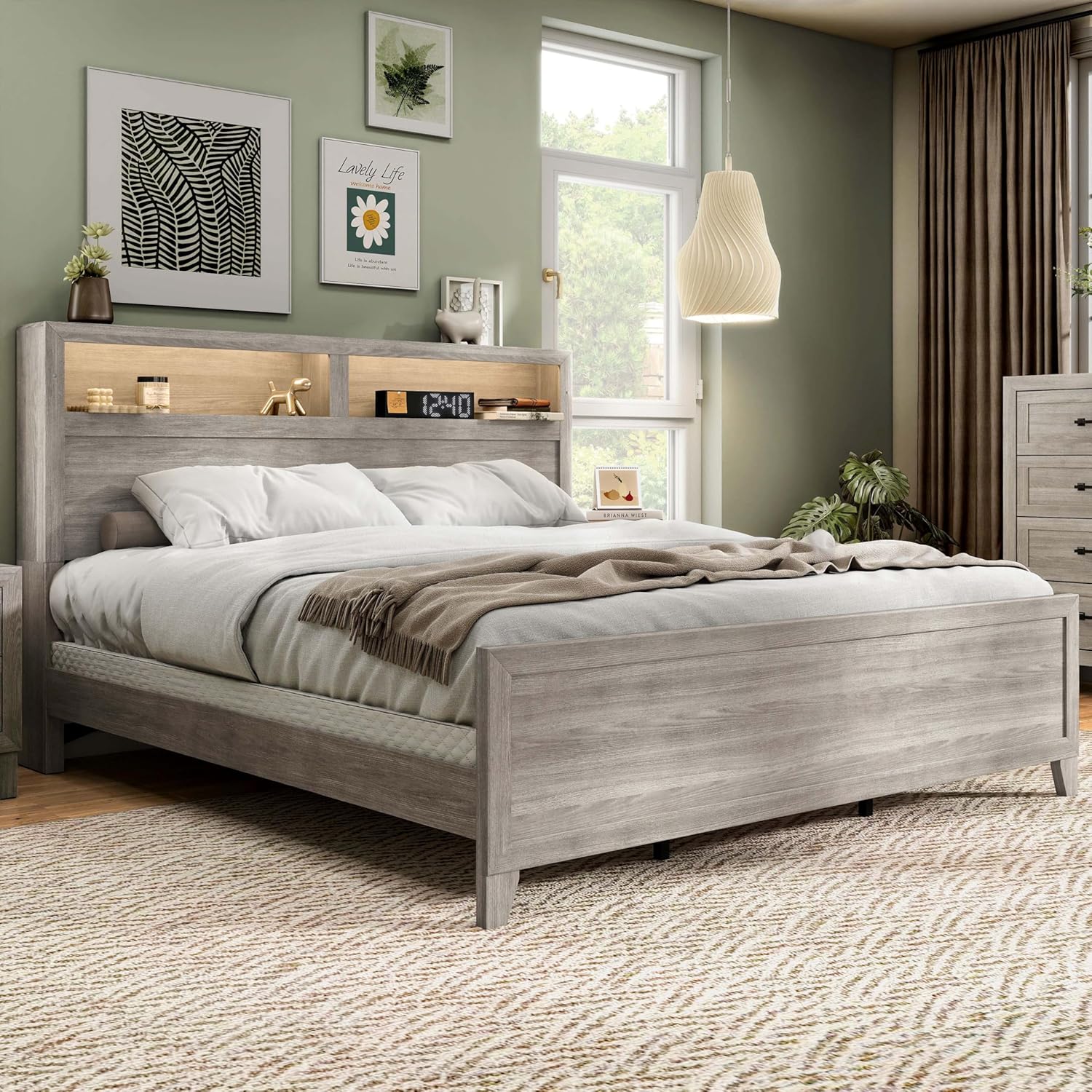 Furniture of America Inglehart Transitional Wood King-Size Bed with 2 Headboard Shelves & Touch Light, Box Spring Required for Bedroom, Guest Room, Washed White