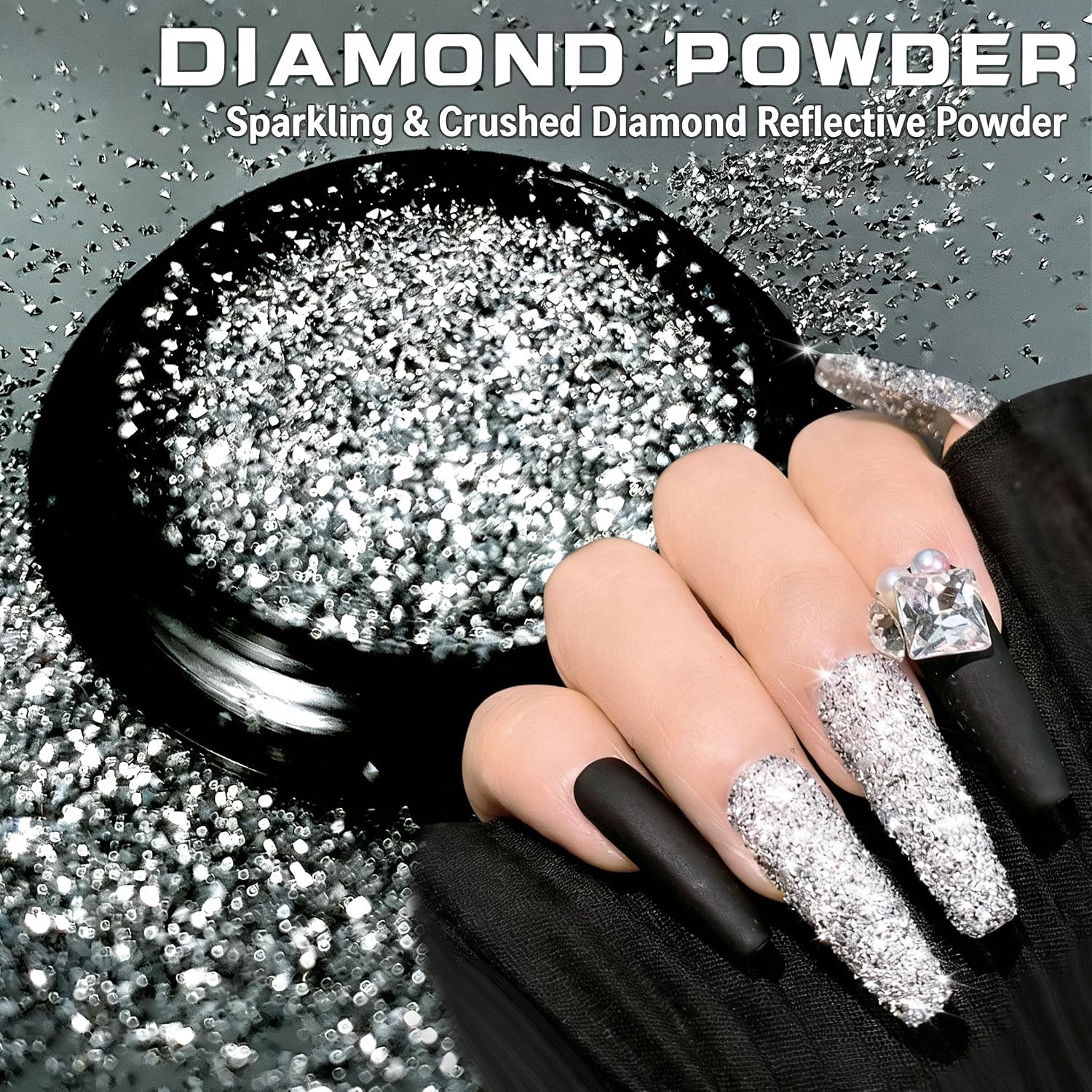 Silver Holographic Nail Powder 0.33oz, Diamond Dust Glitter with Reflective Pixel Crystals - Shiny Sparkle for Nail Art Decoration
