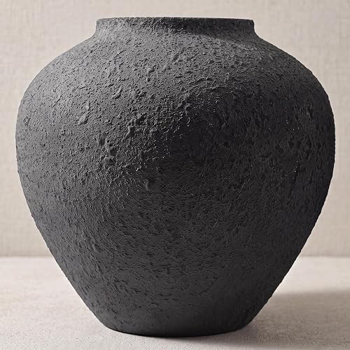 Large Round Black Vase with Pottery Look, Metal Rustic Vase for Flowers | 7lb Matte Rustic Vase for Dried Flowers, Console Table Decor, Floor Vase for Home decor, Round Vases for Centerpieces