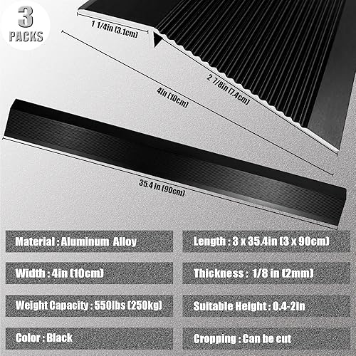 Miniatura 4 de 3 tiras de transición de piso de 4 pulgadas de ancho, rampa de aluminio, para cocina, dormitorio, baño, puertas reductoras (negro3 unidades)