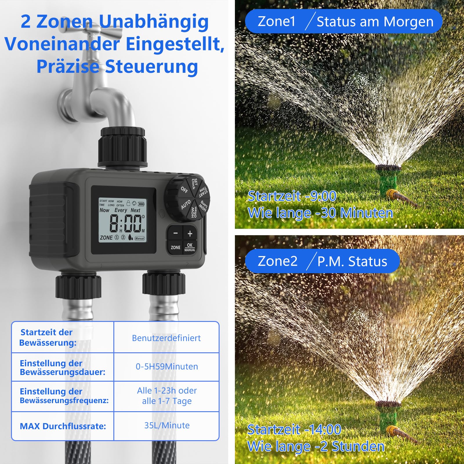 Bewässerungscomputer 2 Ausgänge, Großem LED-Display, Bewässerungs-Timer mit Regenverzögerung/manueller Übersteuerung/Wasserhahn-Timer, geeignet für Gärten, Rasenflächen und Topfpflanzen.