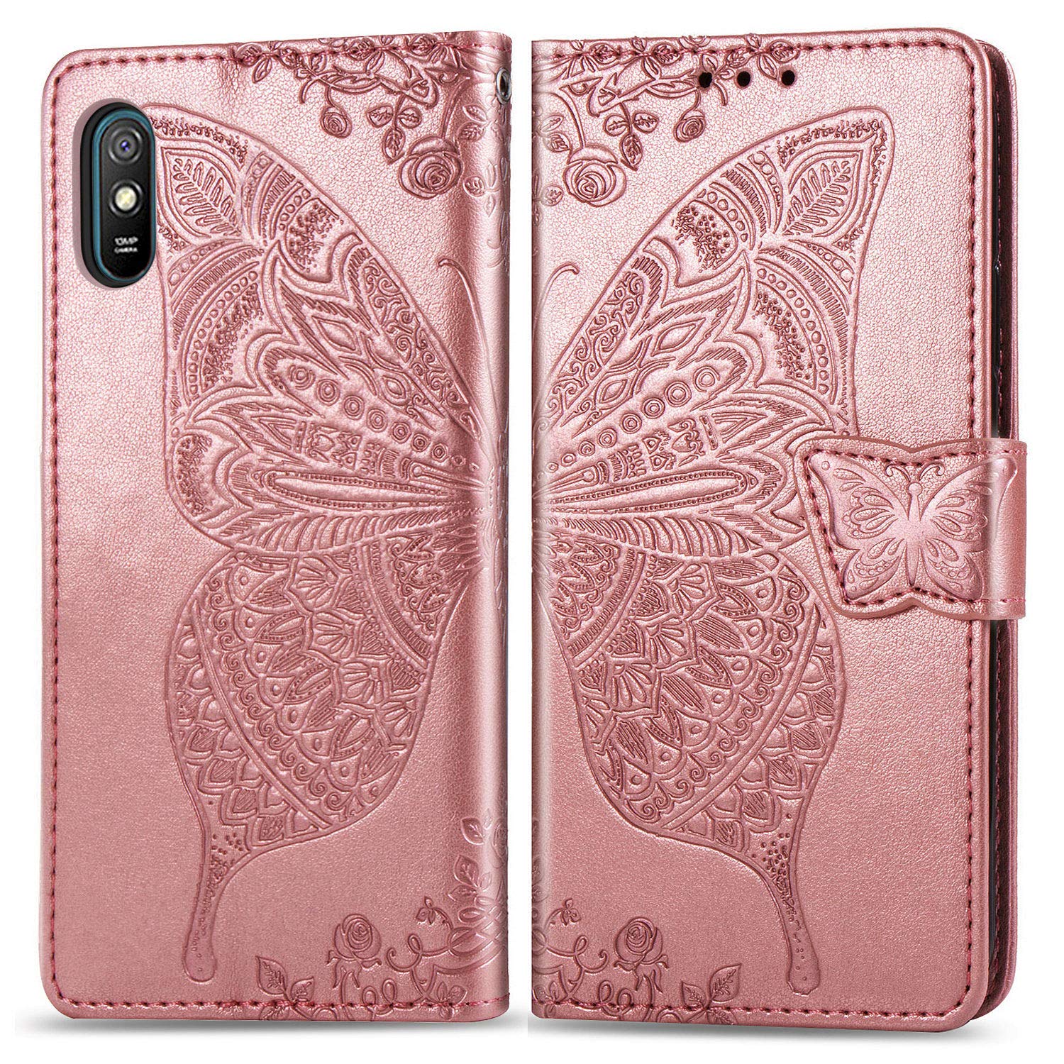 Cover Portafoglio Con Farfalle Glitter Per Xiaomi Redmi 9AT / 9A | Custodia A Libro In PU Con Slot Carte E Calamita, Colore Lavanda - 5