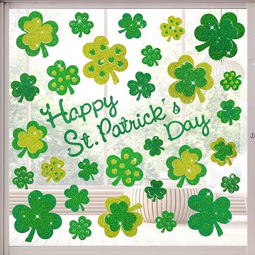 Miniatura 1 de Whaline 4 hojas de calcomanías para ventana del día de San Patricio con purpurina verde trébol para ventana de doble cara decoración de ventana para