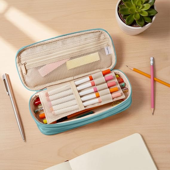 Amazon Basics Multi-Compartment Pencil Case, Large Capacity Pencil Holder for School and Office, Size L, Smooth Turquoise Soft