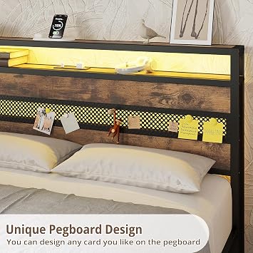 IRONCK 4ft6 Double Bed Frame with Storage Headboard and Charging Station/LED Lights, Metal Platform Bed Frame Double, Reinforced Strong Support Leg, UnderBed Storage, Vintage Brown