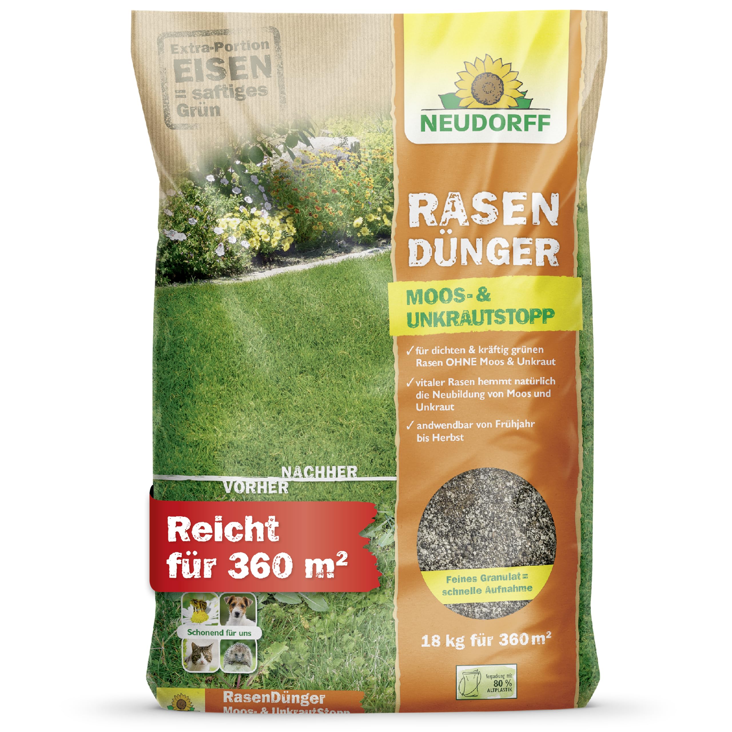 Neudorff RasenDünger Moos- und UnkrautStopp 18 kg für 360 m² mit Eisen und Kalium sorgt für einen dichten, grünen Rasen ohne Moos und Unkraut - schonend für Haustiere