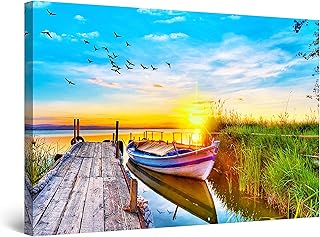 Startonight Quadro su Tela Barca Sole e Ponte - Grandi Quadri Moderni Paesaggio - Stampe Camere da Letto 80 x 120 cm