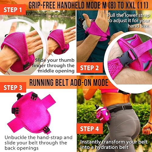 Miniatura 4 de "Diversión para correr 2 en 1" - Botella de agua rosa de 12 onzas. Complemento para botella de agua y cinturón de correr - Se adhiere a tu mano o se