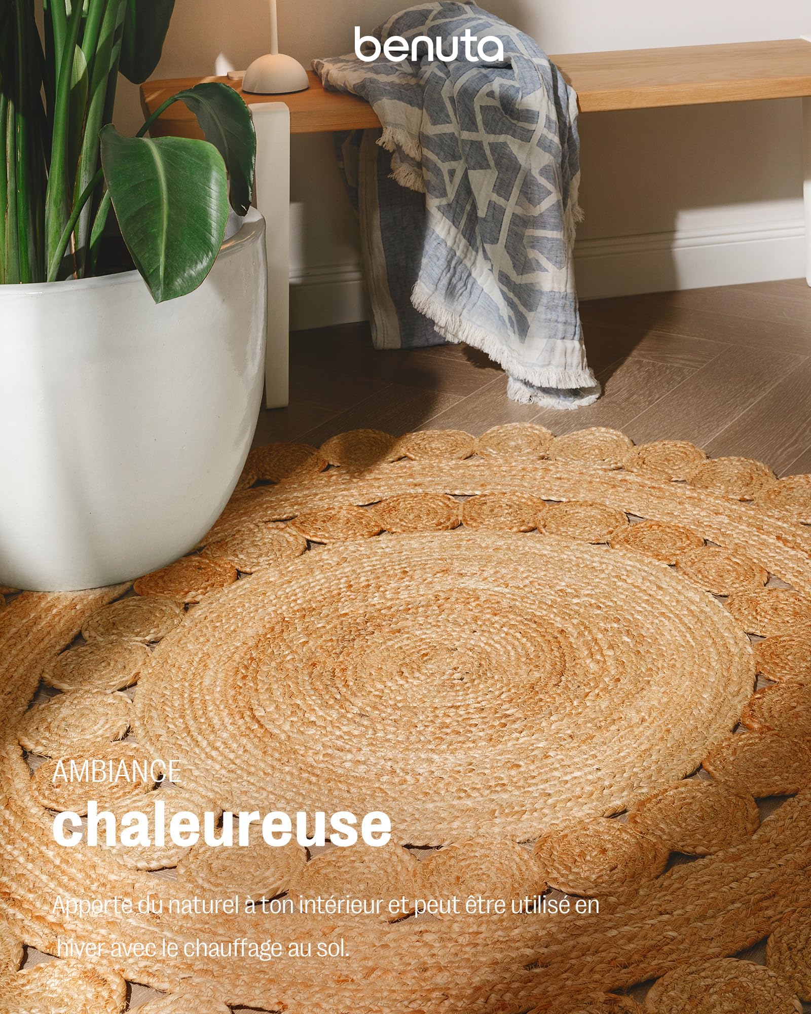 benuta Jutta Tapis en Jute - Marron Clair Rond 120 cm - Tapis de Salon tissé à la Main - Design Naturel - Convient pour Chauffage au Sol