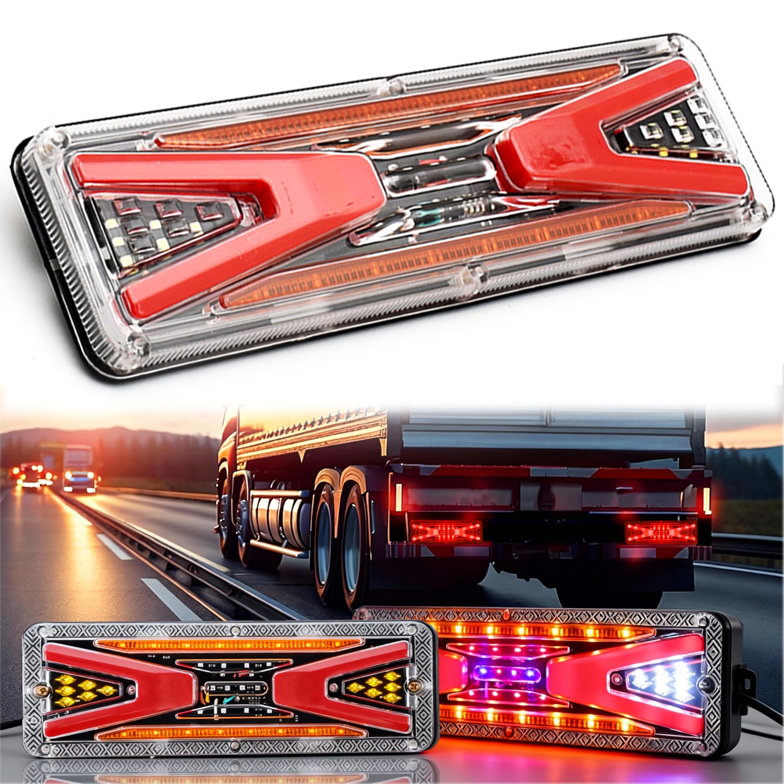 2pcs LED truck taillights with turn signals, brake lights, and reverse taillights suitable for 12V truck trailers.