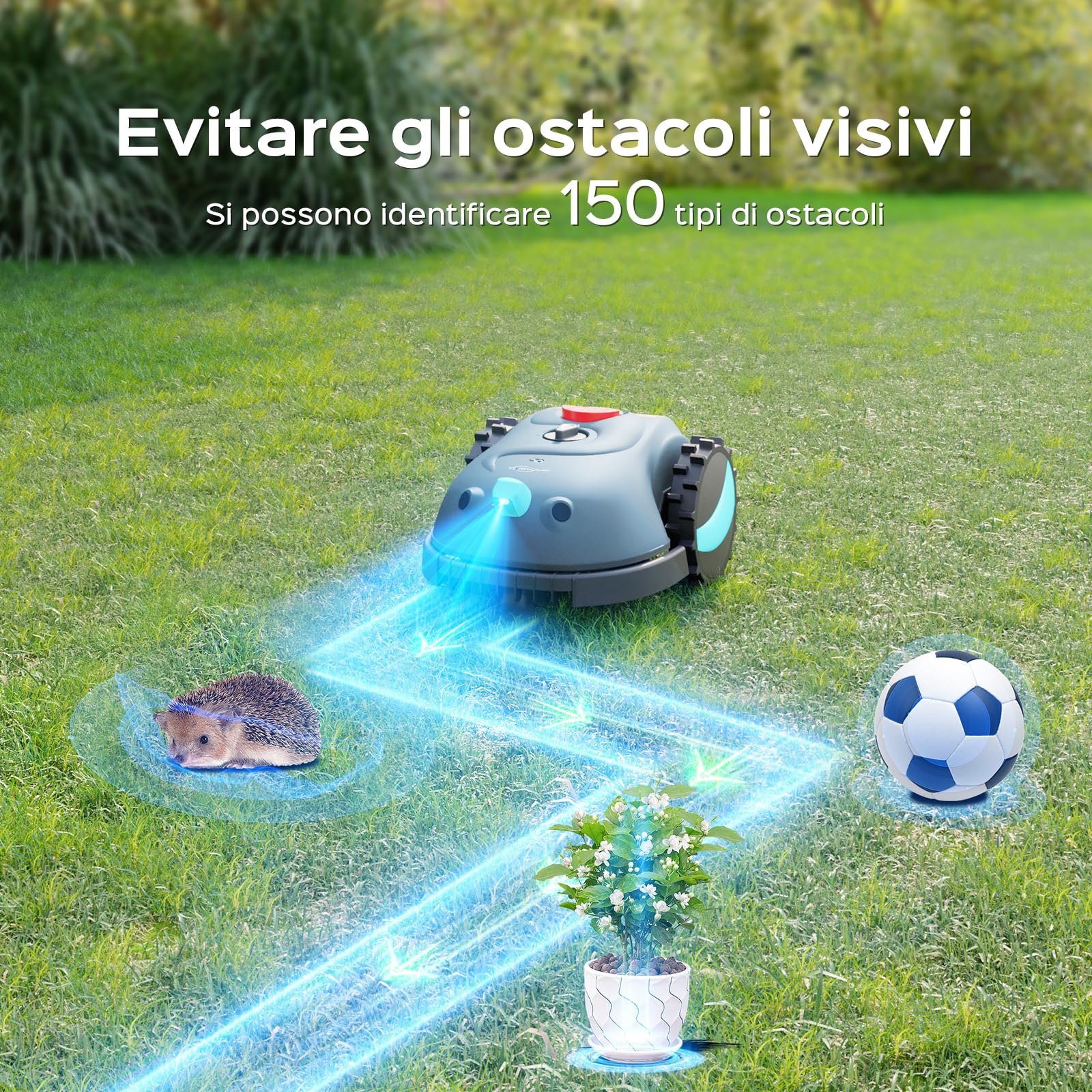 YARDCARE V100 Robot Tagliaerba senza Filo Perimetrale con Navigazione Visiva AI, senza RTK, Nessuna Perdita di Segnale, 150 Ostacoli, con Strisciamagnetica, Lame di Ricambio, Adatto a Piccoli Giardini