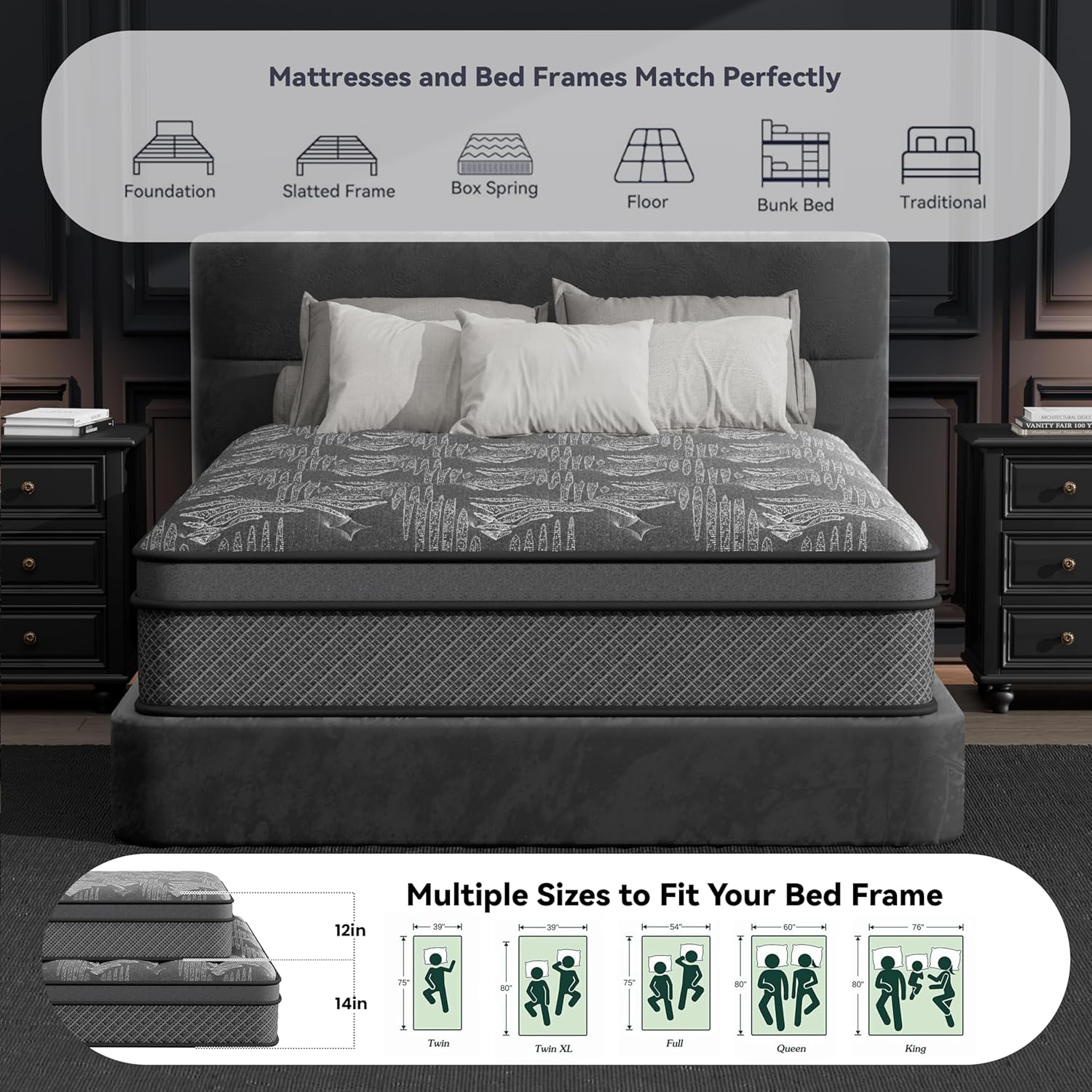 King Mattress 12 Inch, Hybrid Mattress in a Box, Gel Memory Foam and Pocket Springs, Firm Pressure Relief, Motion Isolation, Breathable Comfort, CertiPUR-US Certified, Fiberglass-Free