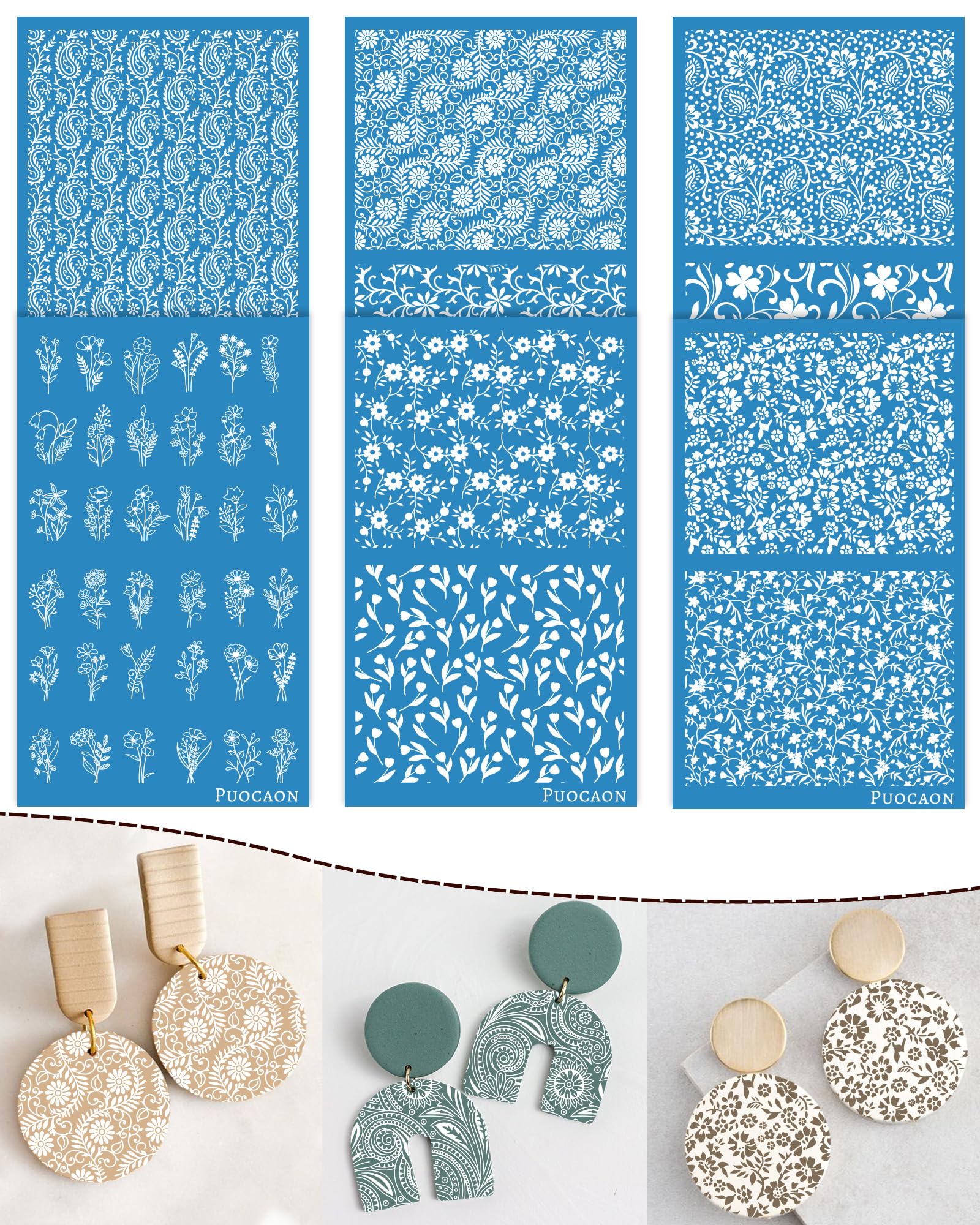 Puocaon Flower Clay Silk Screen - 6 Pcs Reusable Silk Screen Stencils for Polymer Clay Jewelry, Leaves Plant Polymer Clay Silk Screen Stencils for Earrings, Paisley Clay Silk Screen Stencils