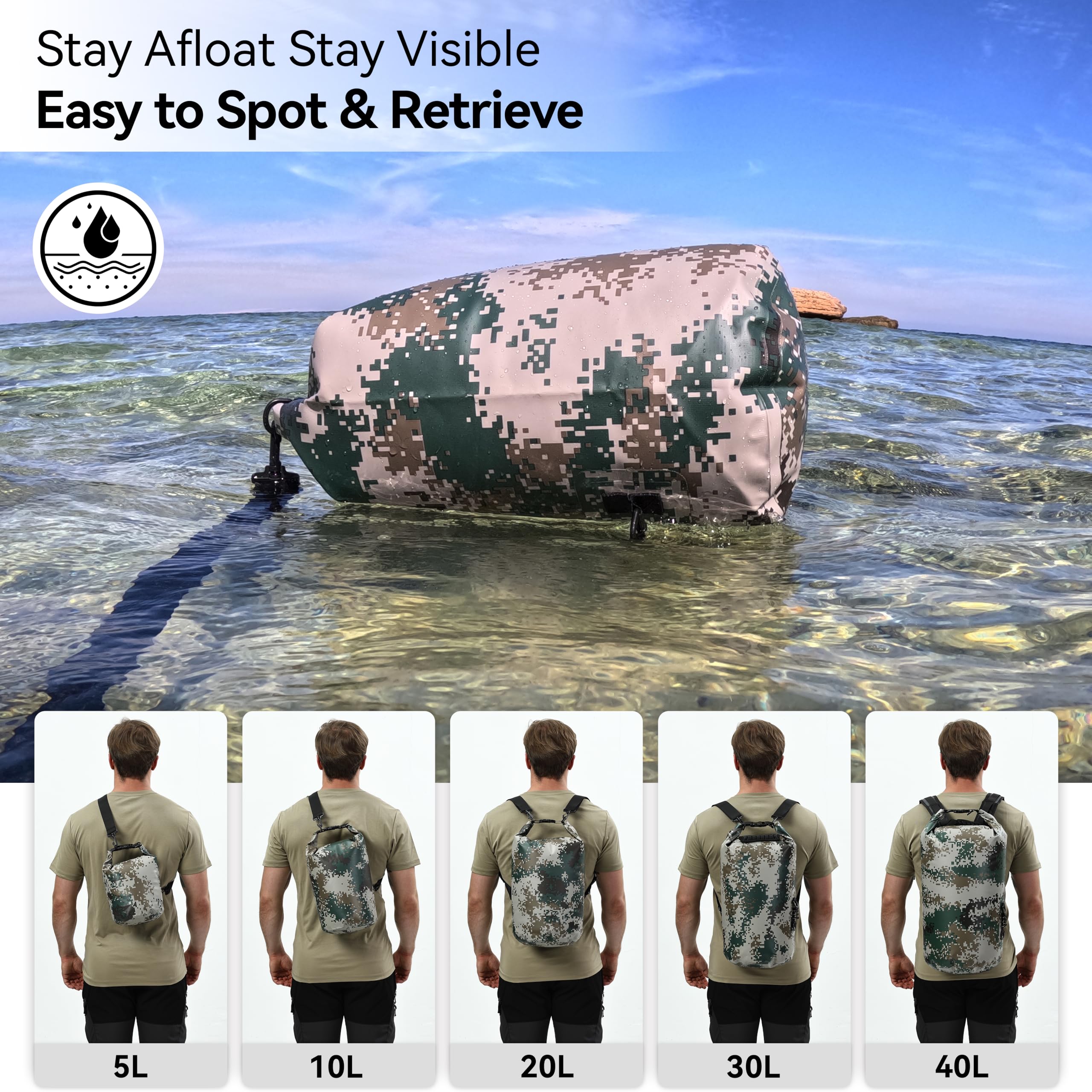 MARCHWAY Zaino impermeabile galleggiante da 5 l/10 l/20 l/30 l/40 l, con parte superiore arrotolabile, mantiene l'attrezzatura asciutta per kayak, rafting, canottaggio, nuoto, campeggio, escursionismo