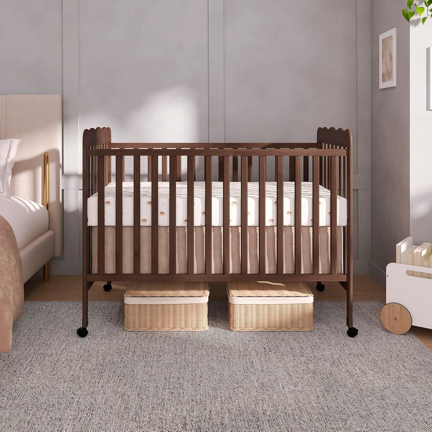 dream on me carson classic 3-in-1 convertible full-size baby crib in smokey oak, greenguard gold & bsa, 4 mattress heights, converts to day & toddler bed, locking wheels, classic nursery design