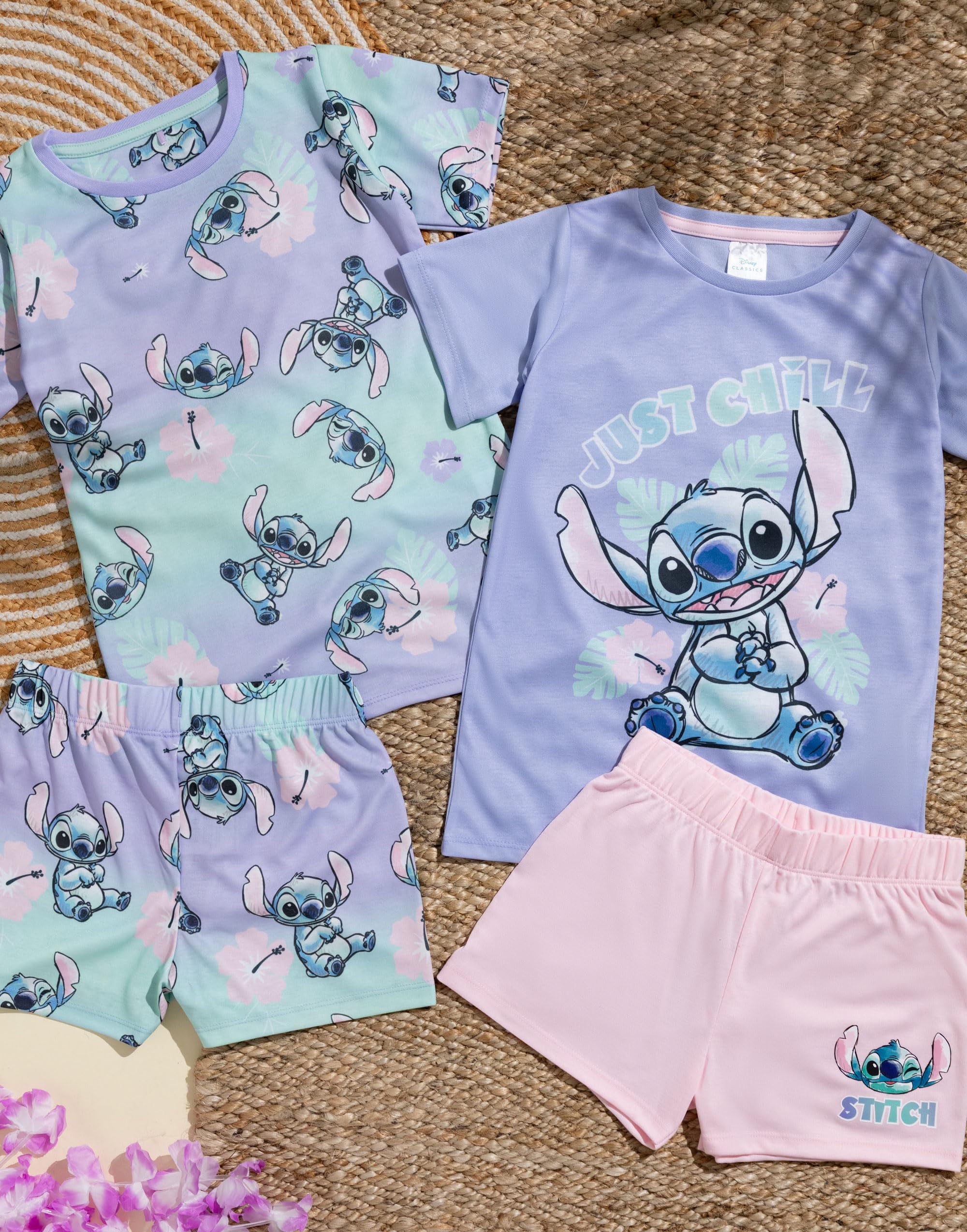 Disney Lilo and Stitch Girls 2 Pack Pyjamas | Kids Pink Purple Just Chill Animated Alien T-Shirts Shorts Set | Produits dérivés Movie Sleepwear