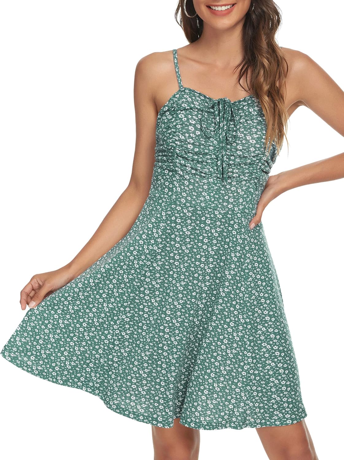 Missufe Spaghetti Strap Floral Mini Dress Women's Casual Ruched Front Drawstring Swing Sundress - Image 4