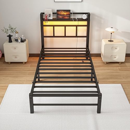 Miniatura 9 de Base de cama individual con cabecero, base de cama individual con estación de carga y luces LED, plataforma de metal, tamaño individual, no necesita