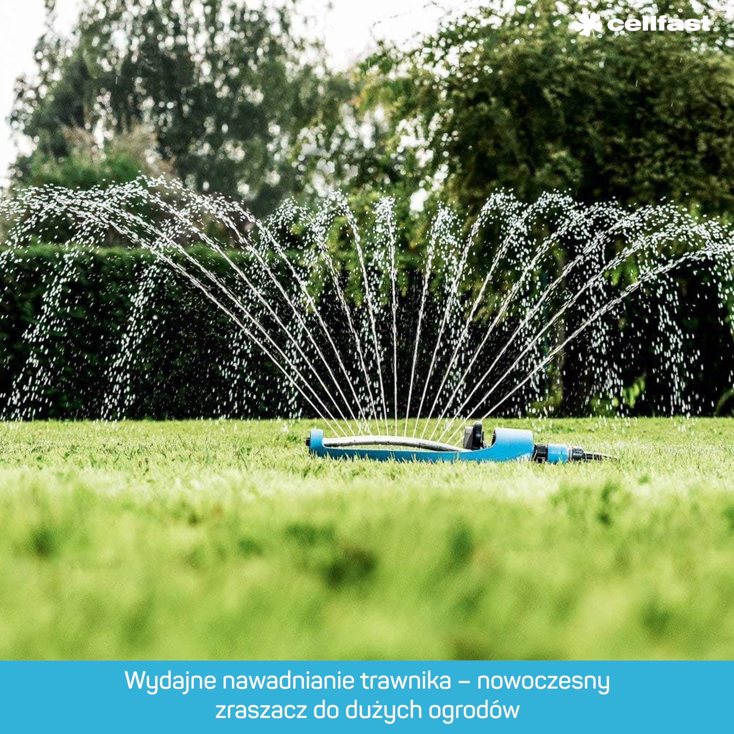 CELLFAST Zraszacz Wahadłowy Zraszacz Ogrodowy Do Trawnika Kwiatów Roślin 15 Dysz Wylotowych Płynna Regulacja Swing Ideal