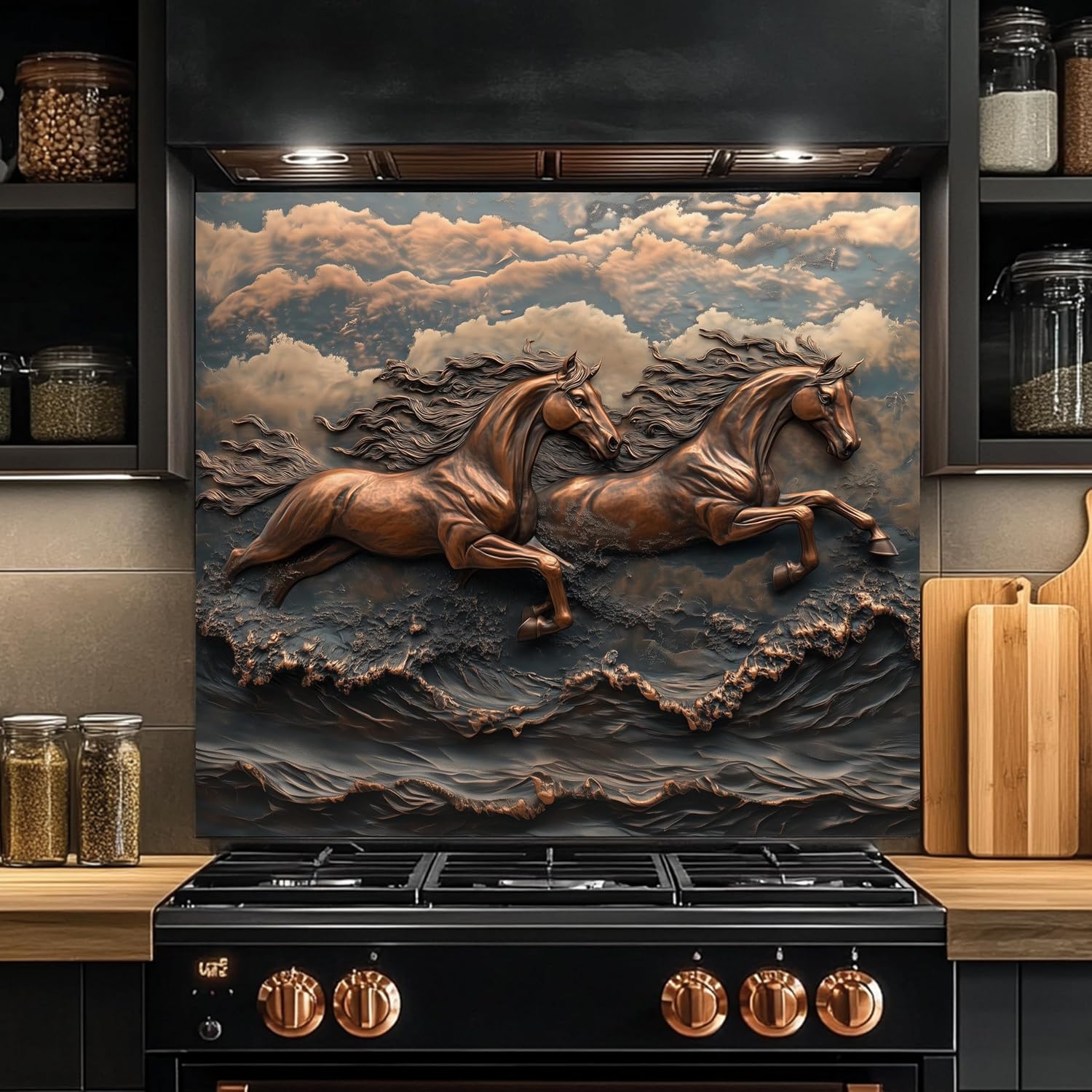 Tempered Glass Backsplash for Kitchen, Galloping Horses in the Waves Design Glass Backsplash, Copper Look Backsplash for Kitchen Wall, Rustic Kitchen Backsplash, Easy to Install Stove Backsplash