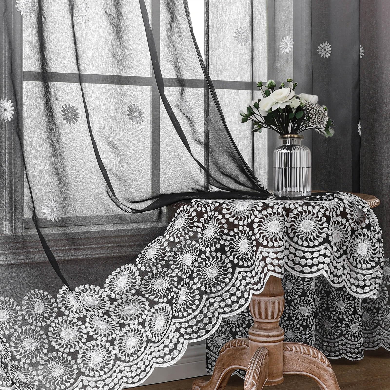 WUBODTI Boho Black Floral Ombre Sheer Curtains for Living Room Bedroom 84 Inches Long 2 Panels, Goth Black and White Semi Sheer Embroidered Curtain Faux Linen Light Filtering Privacy Drapes