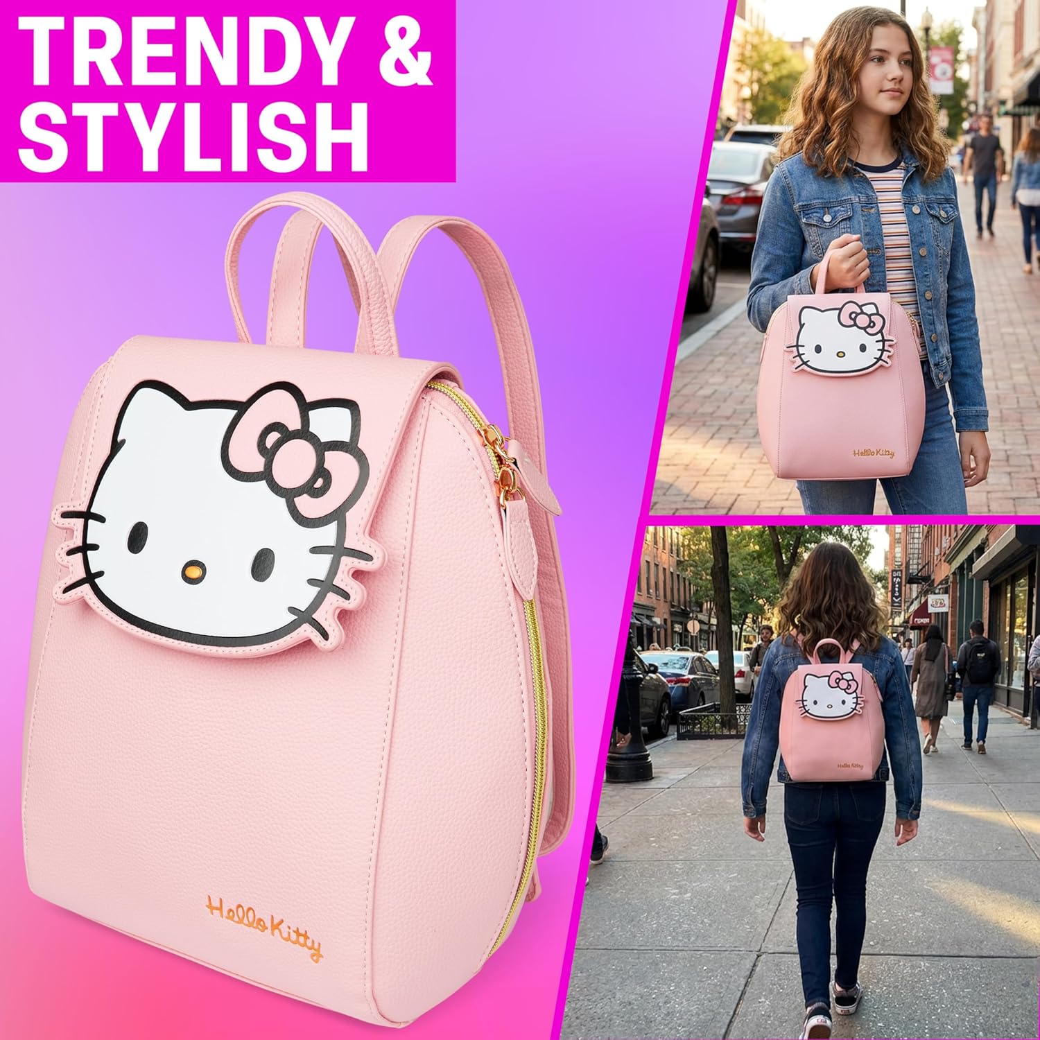 Get Trend Hello Kitty Sanrio Backpack for Women, Teens, Mini PU Leather Daypack with Adjustable Straps, Kawaii Travel Bag for School, Work, Gifts for Women (Pink Hello Kitty) - Image 3